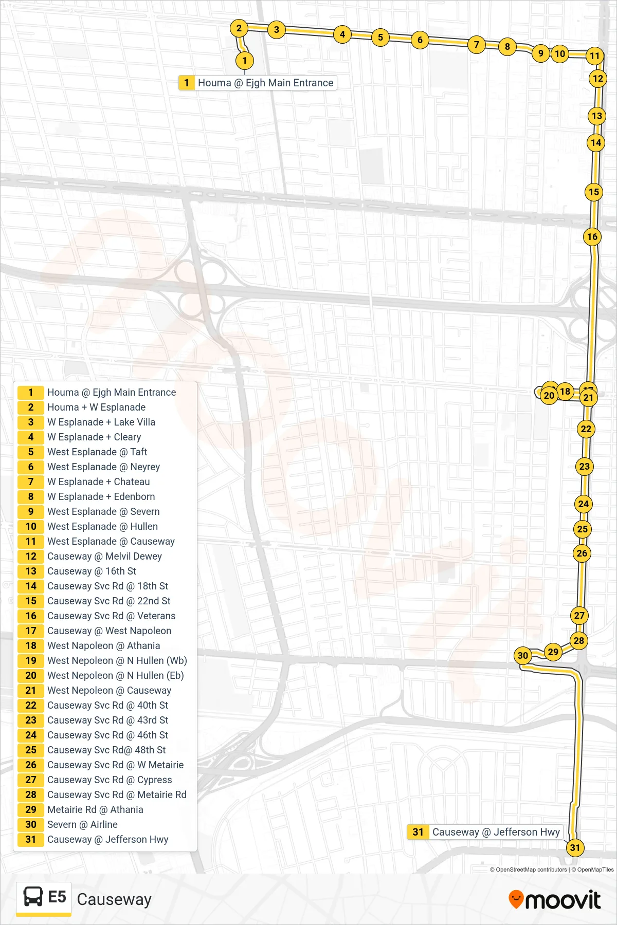 E5 bus Line (Jefferson Highway) route and stops on a map