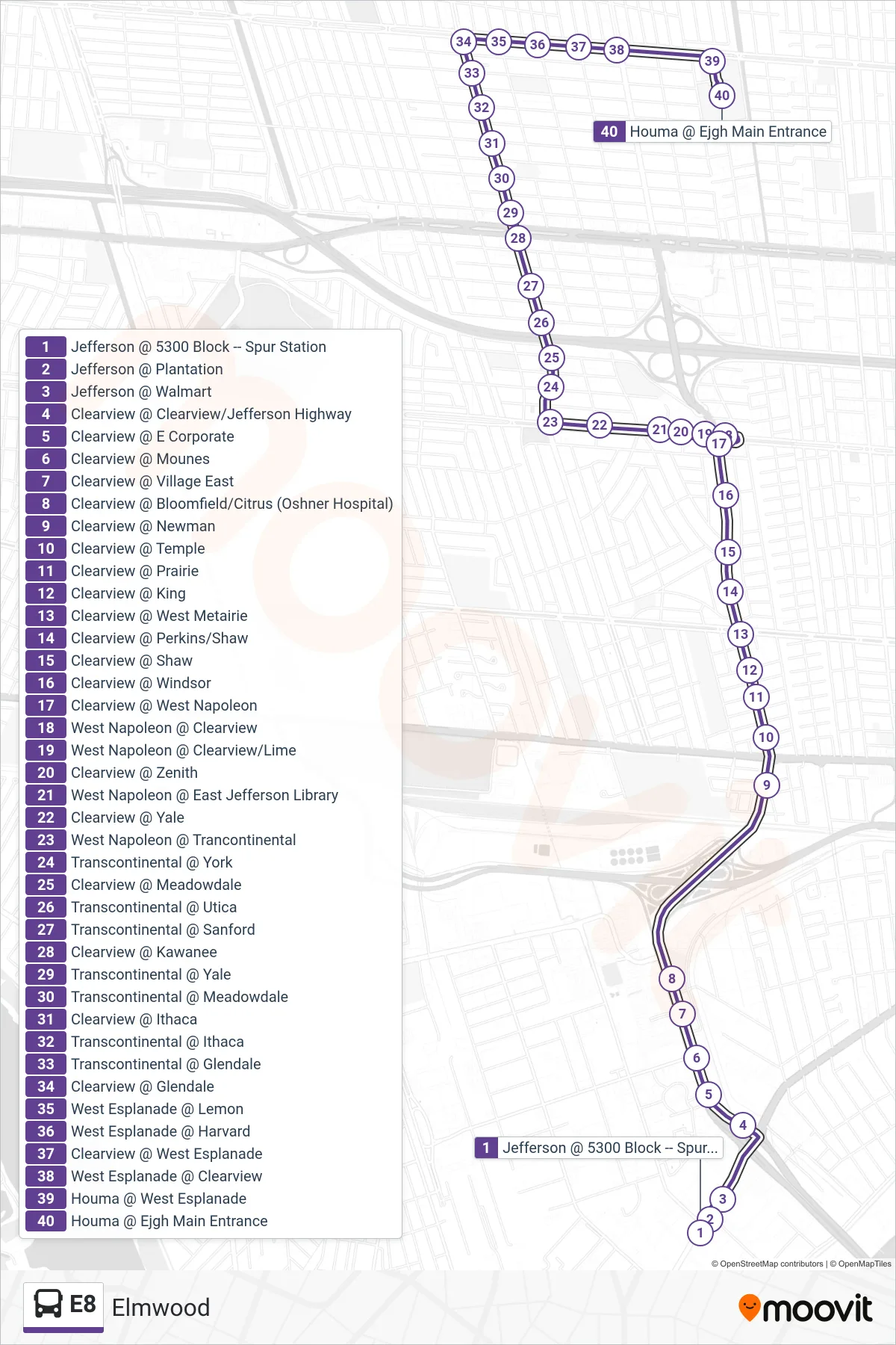 E8 bus Line (Ejgh) route and stops on a map