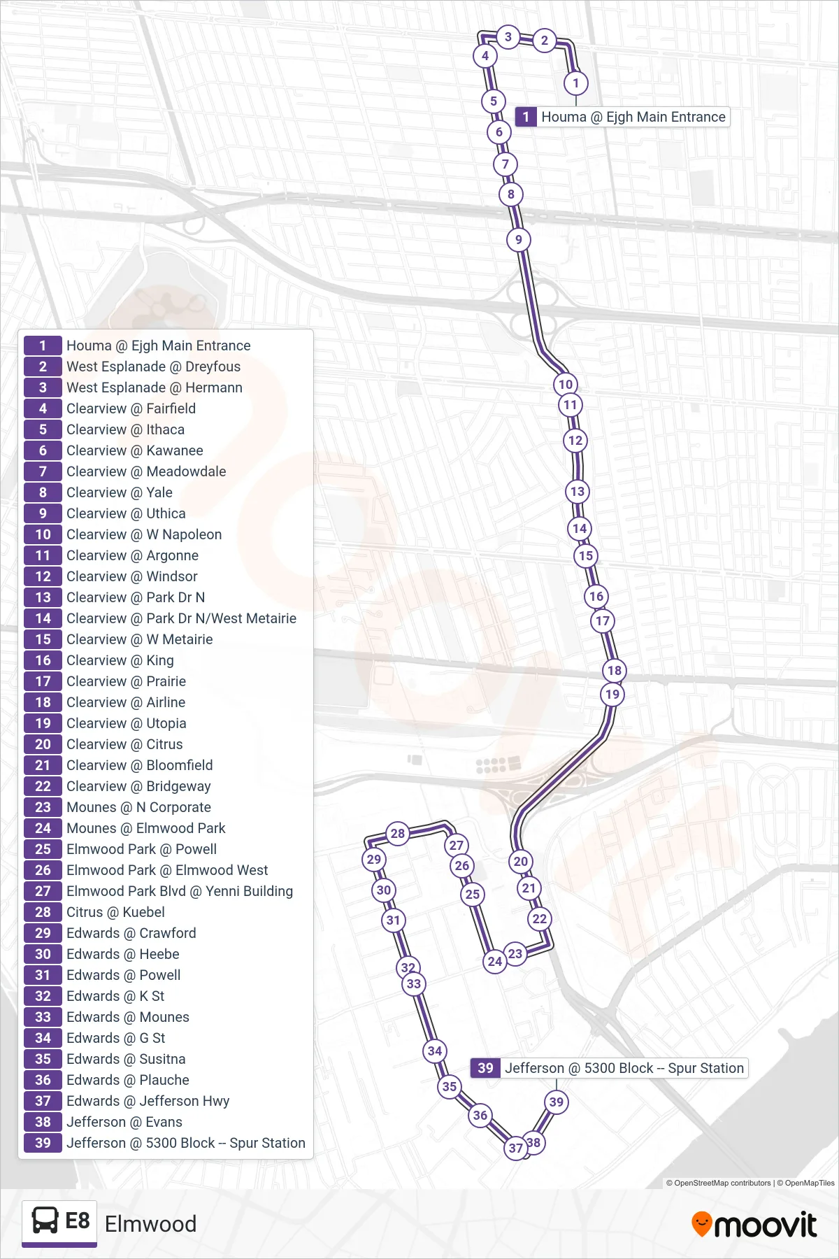 E8 bus Line (Spur Station) route and stops on a map