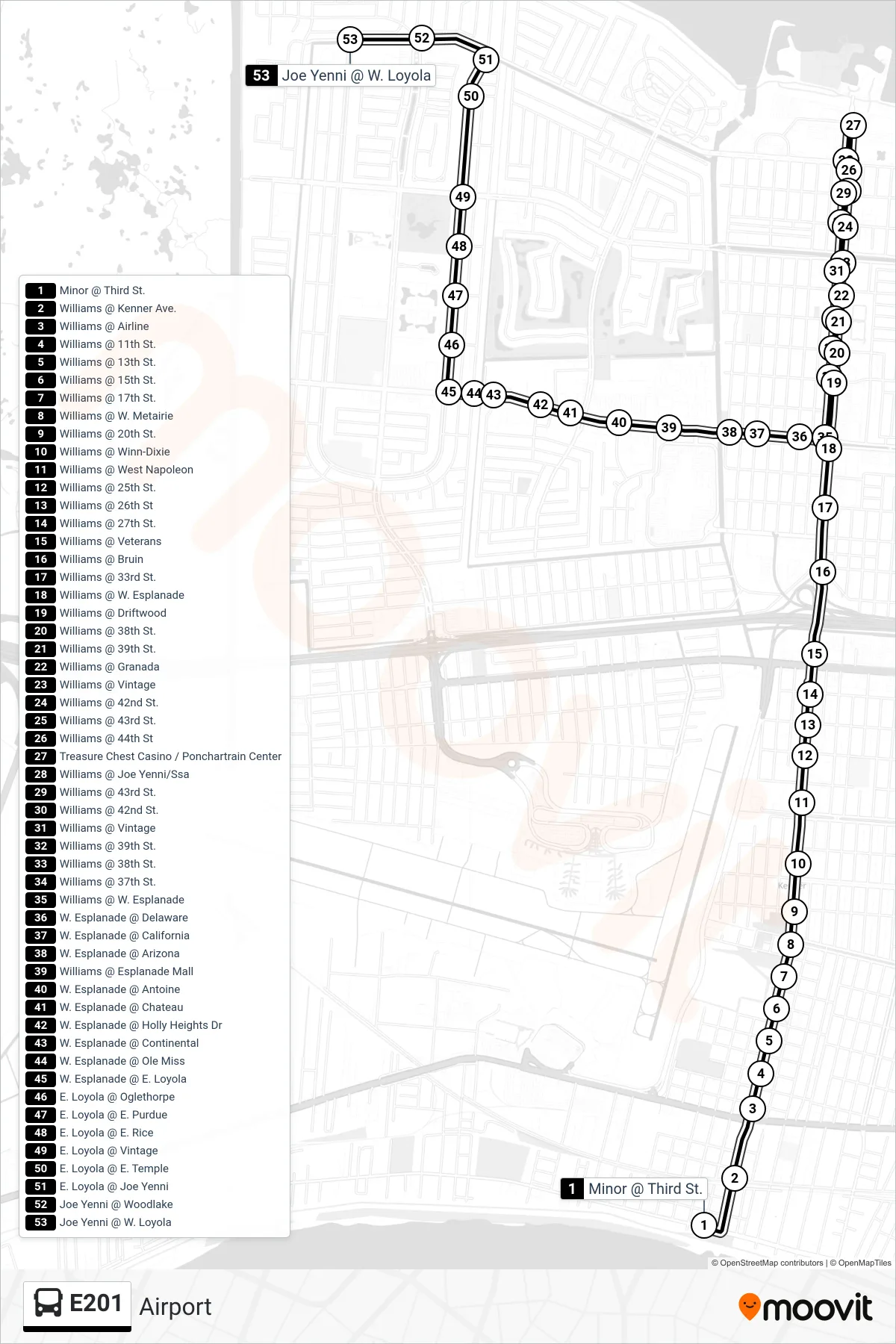 E201 bus Line (Airport) route and stops on a map