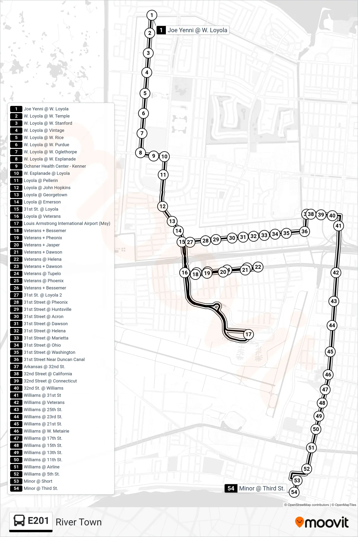 E201 bus Line (River Town) route and stops on a map