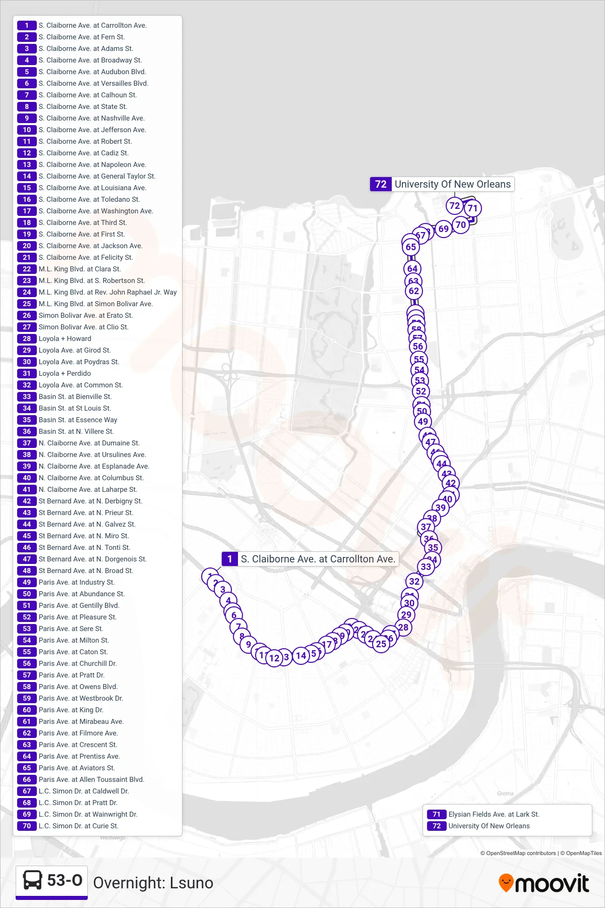 53-O bus Line (Overnight: Lsuno) route and stops on a map