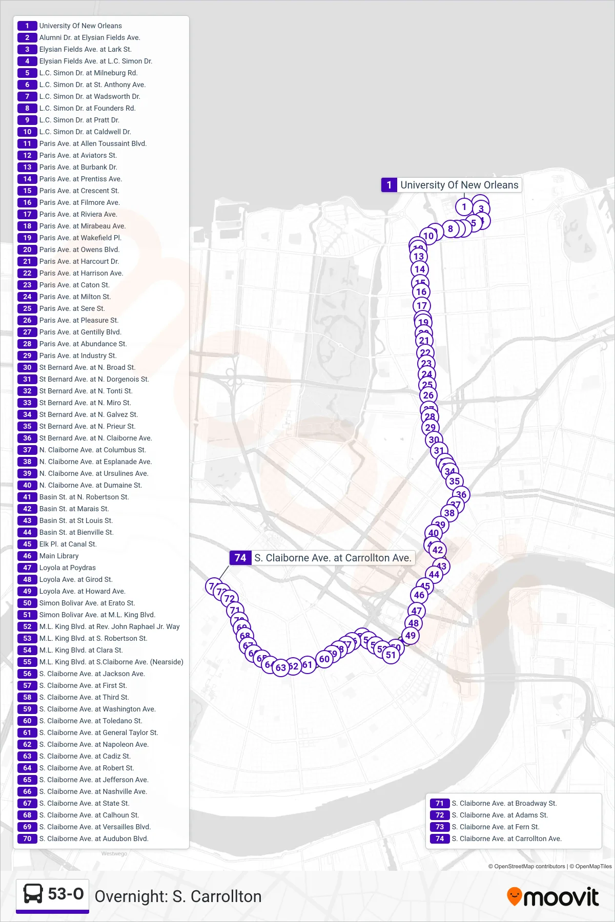 53-O bus Line (Overnight: S. Carrollton) route and stops on a map