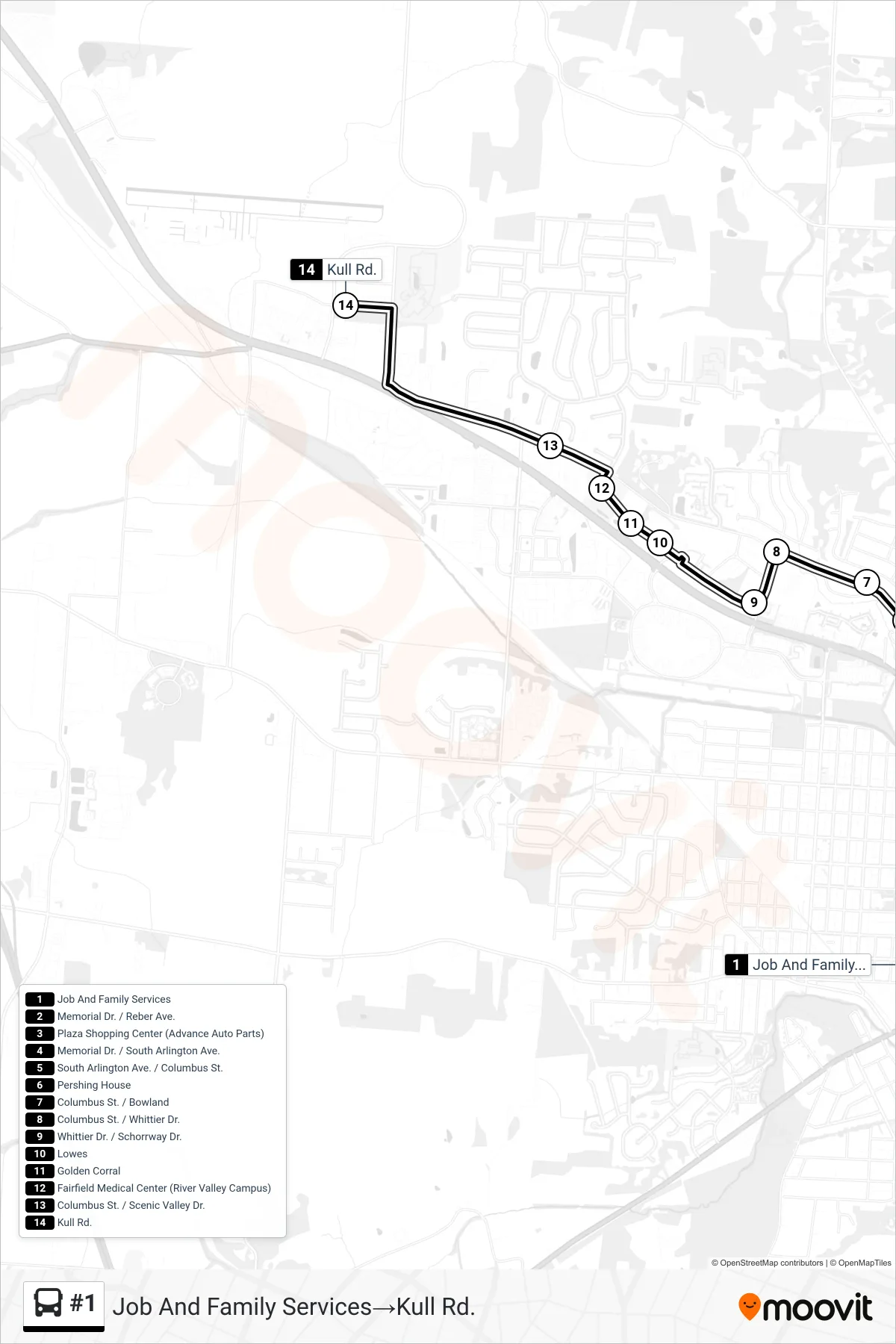 #1 bus Line (Job And Family Services→Kull Rd.) route and stops on a map