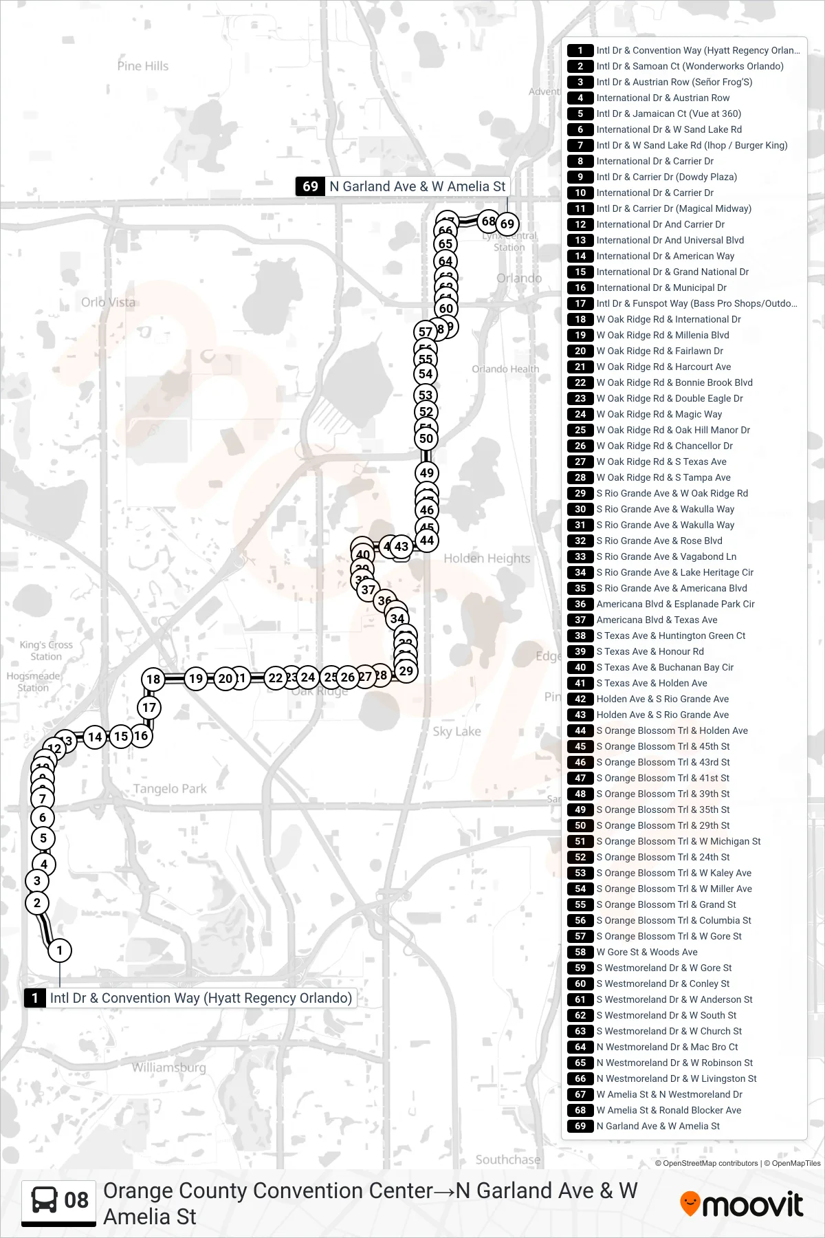 08 bus Line (Orange County Convention Center‎→N Garland Ave & W Amelia St) route and stops on a map