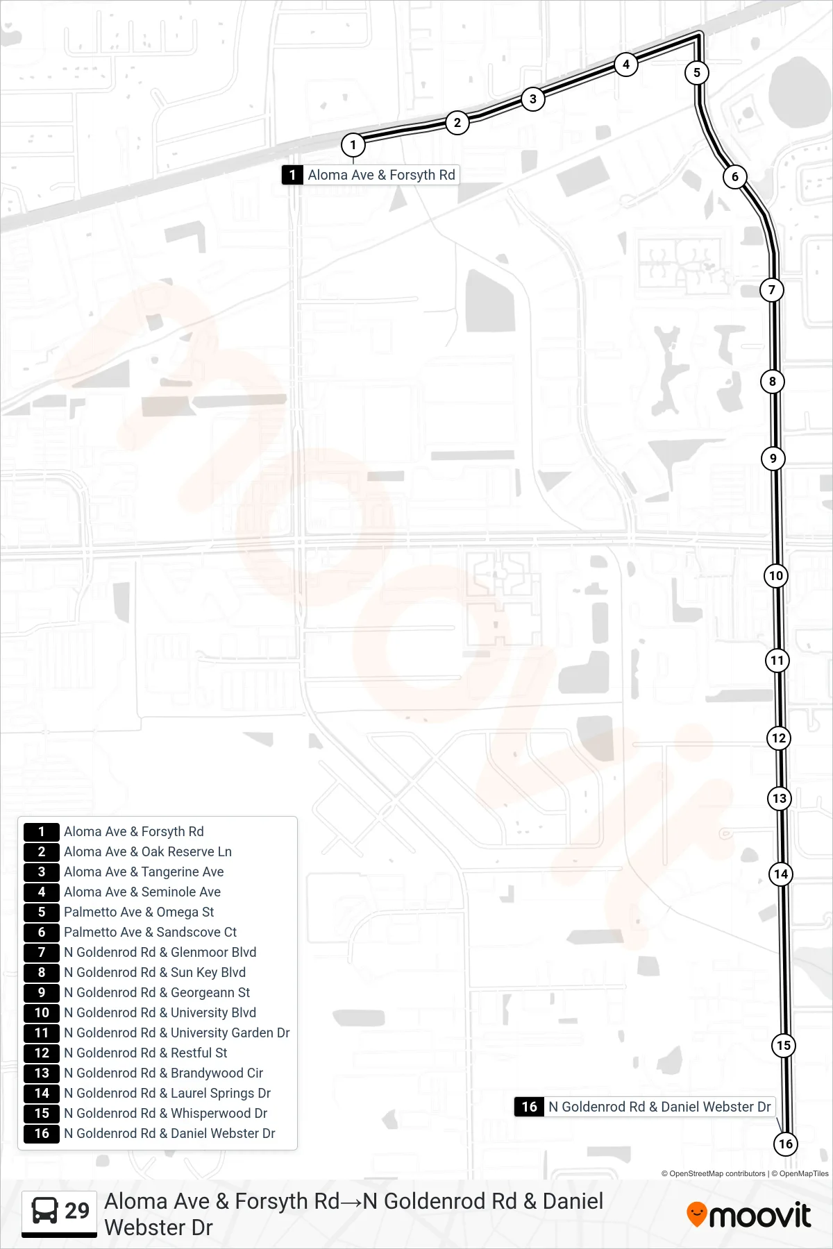 29 bus Line (Aloma Ave & Forsyth Rd→N Goldenrod Rd & Daniel Webster Dr) route and stops on a map
