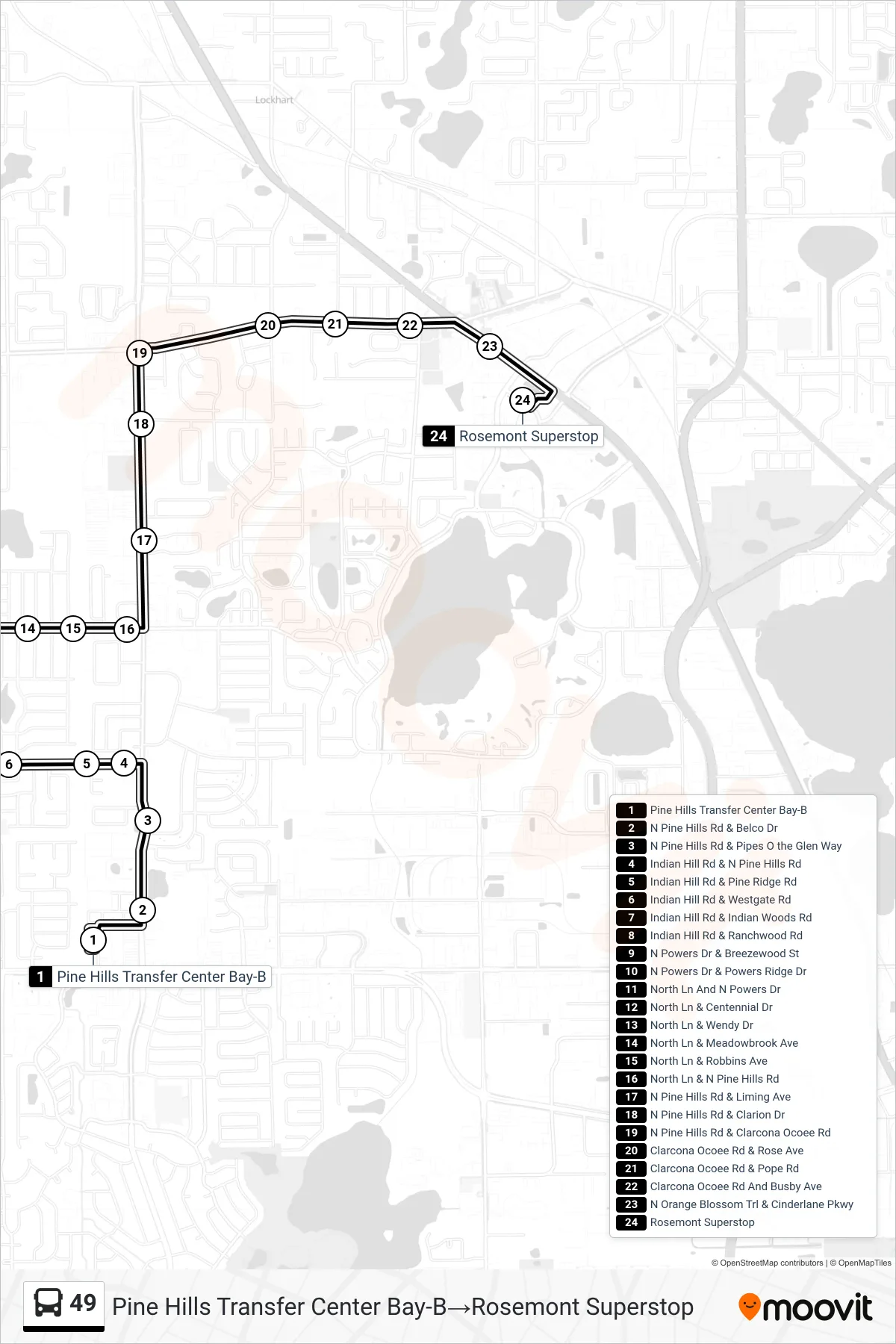 49 bus Line (Pine Hills Transfer Center Bay-B‎→Rosemont Superstop) route and stops on a map