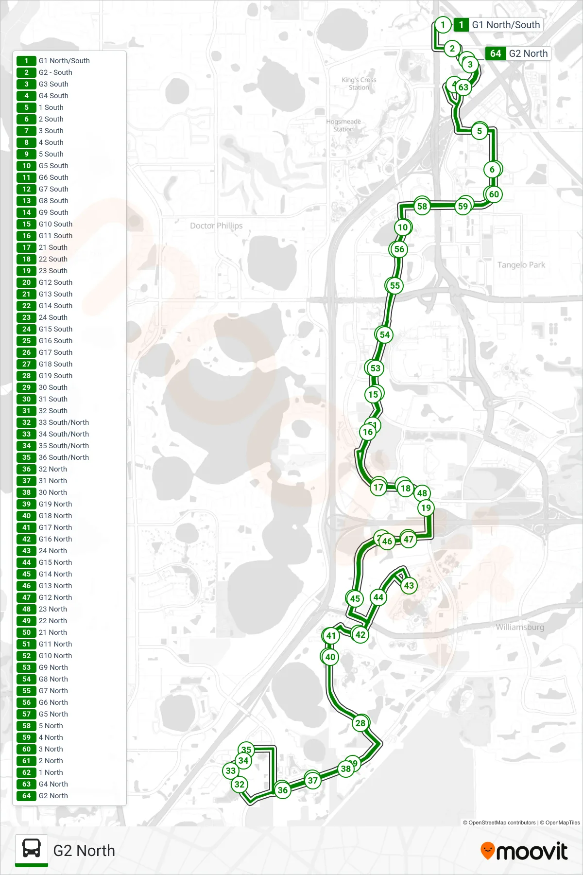 GREEN LINE bus Line (G2 North) route and stops on a map