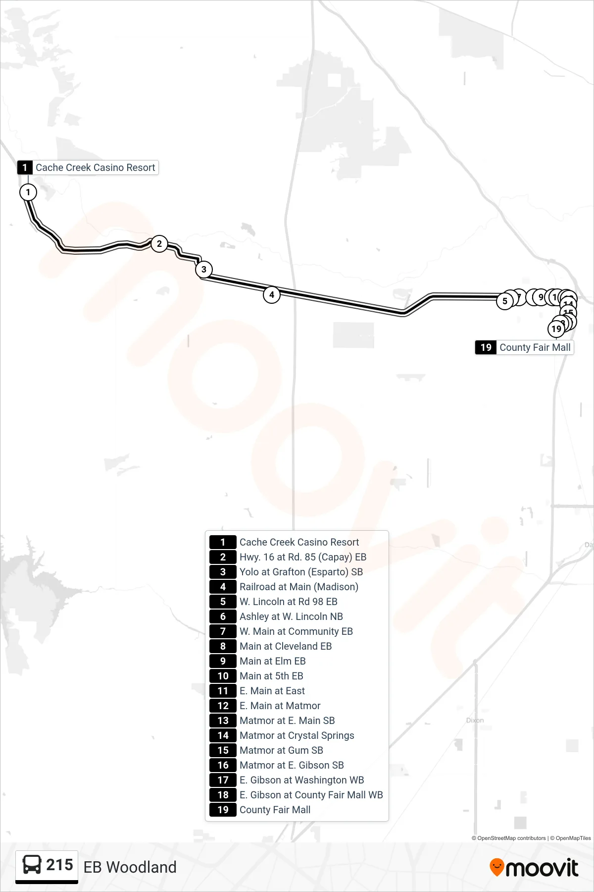 215 bus Line (EB Woodland) route and stops on a map