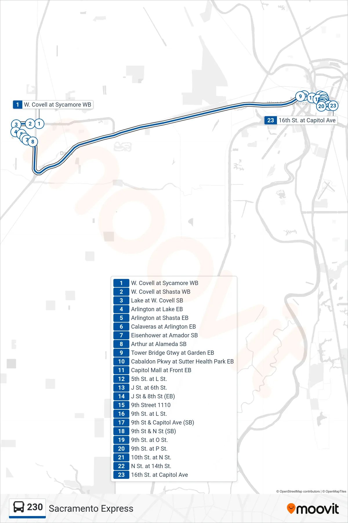 230 bus Line (Sacramento Express) route and stops on a map