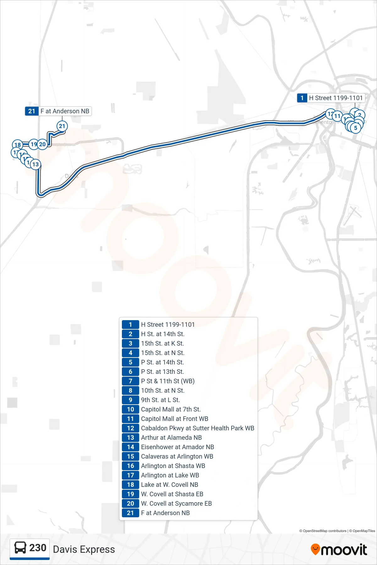 230 bus Line (Davis Express) route and stops on a map