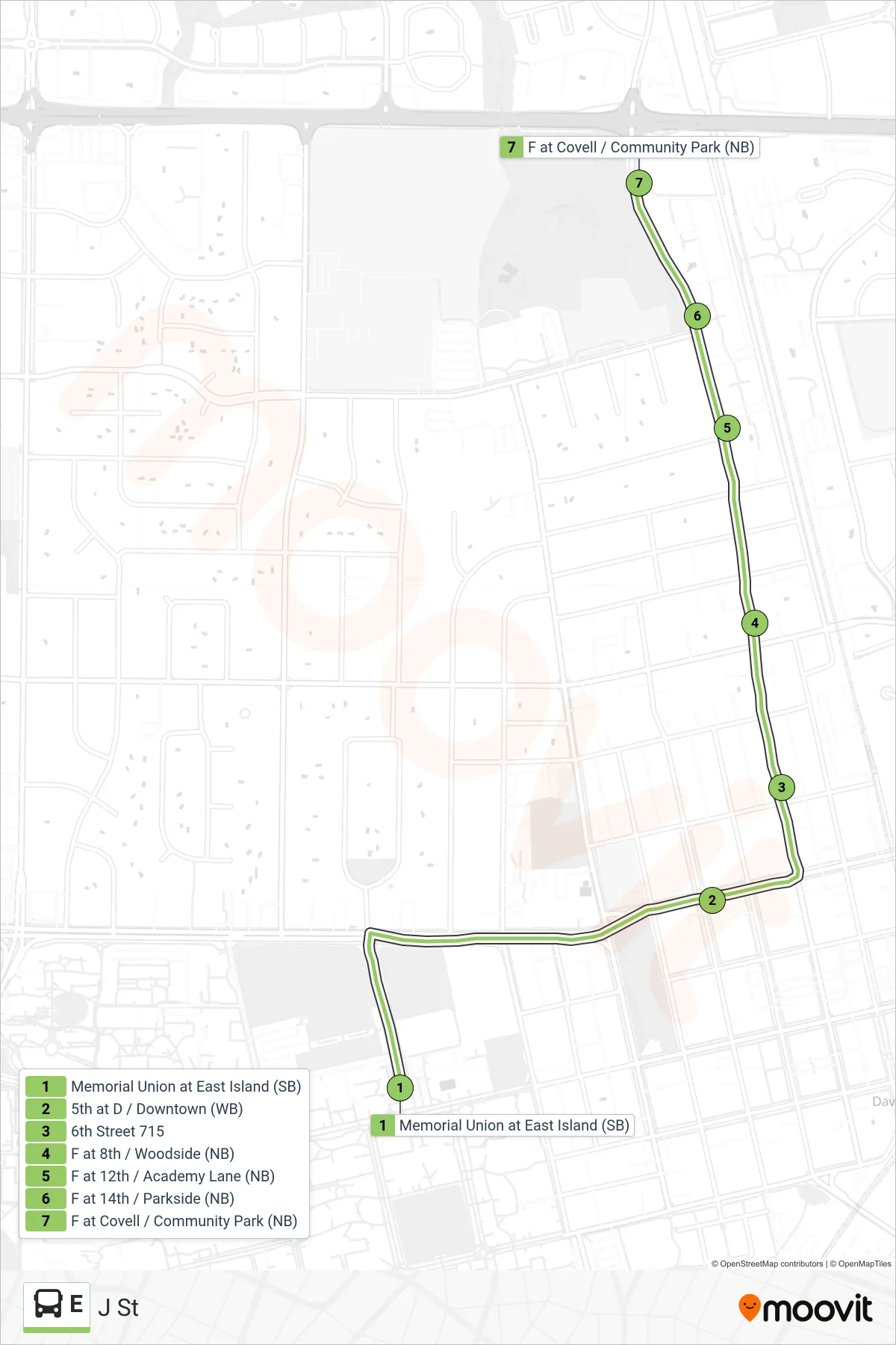 E bus Line (J St) route and stops on a map