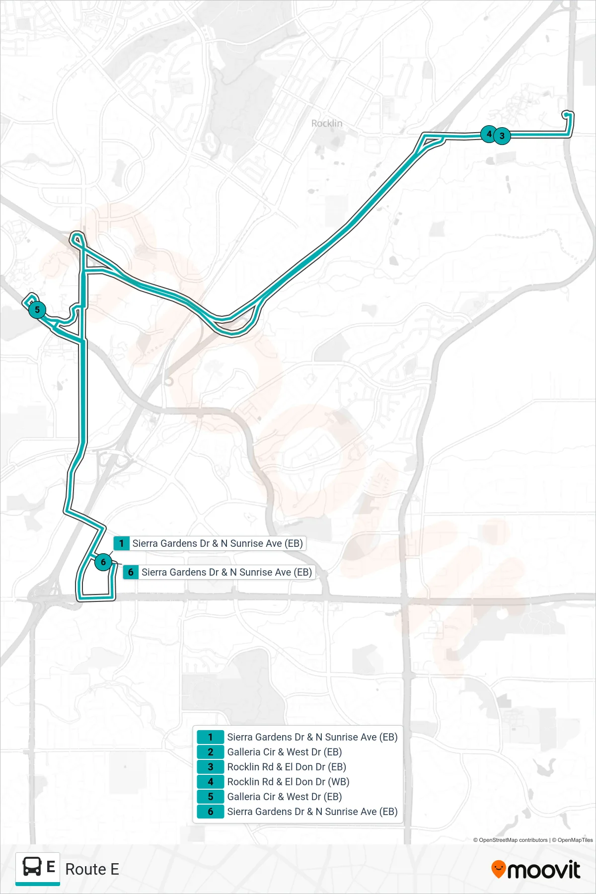 E bus Line (Route E) route and stops on a map