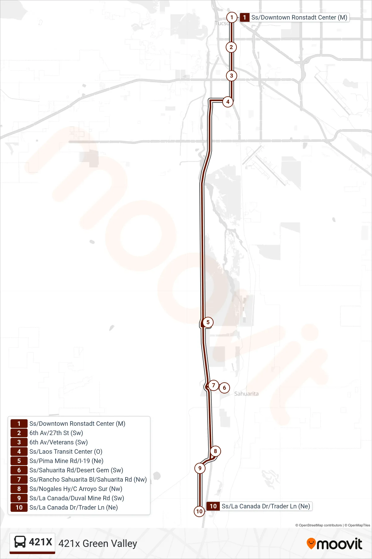 421X bus Line (421x Green Valley) route and stops on a map