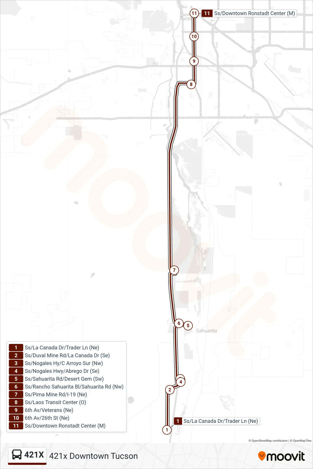 421X bus Line (421x Downtown Tucson) route and stops on a map