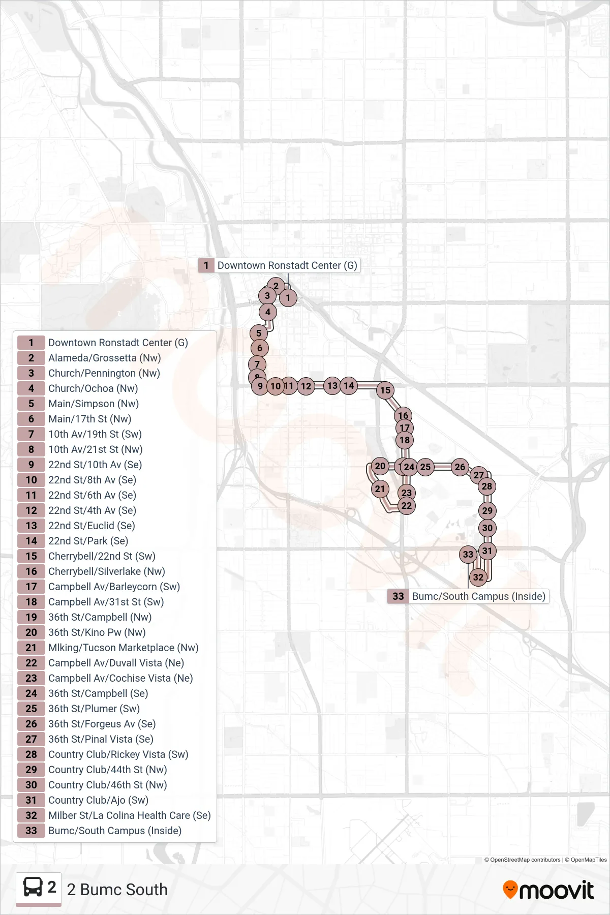 2 bus Line (2 Bumc South) route and stops on a map