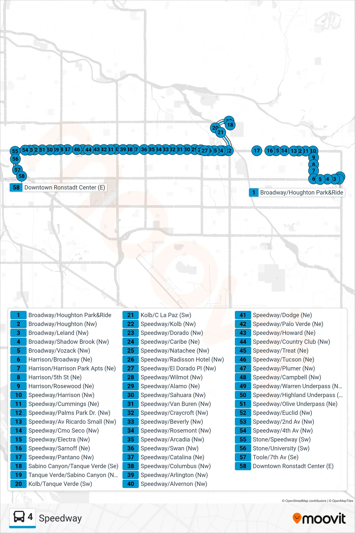 4 bus Line (4 Downtown) route and stops on a map