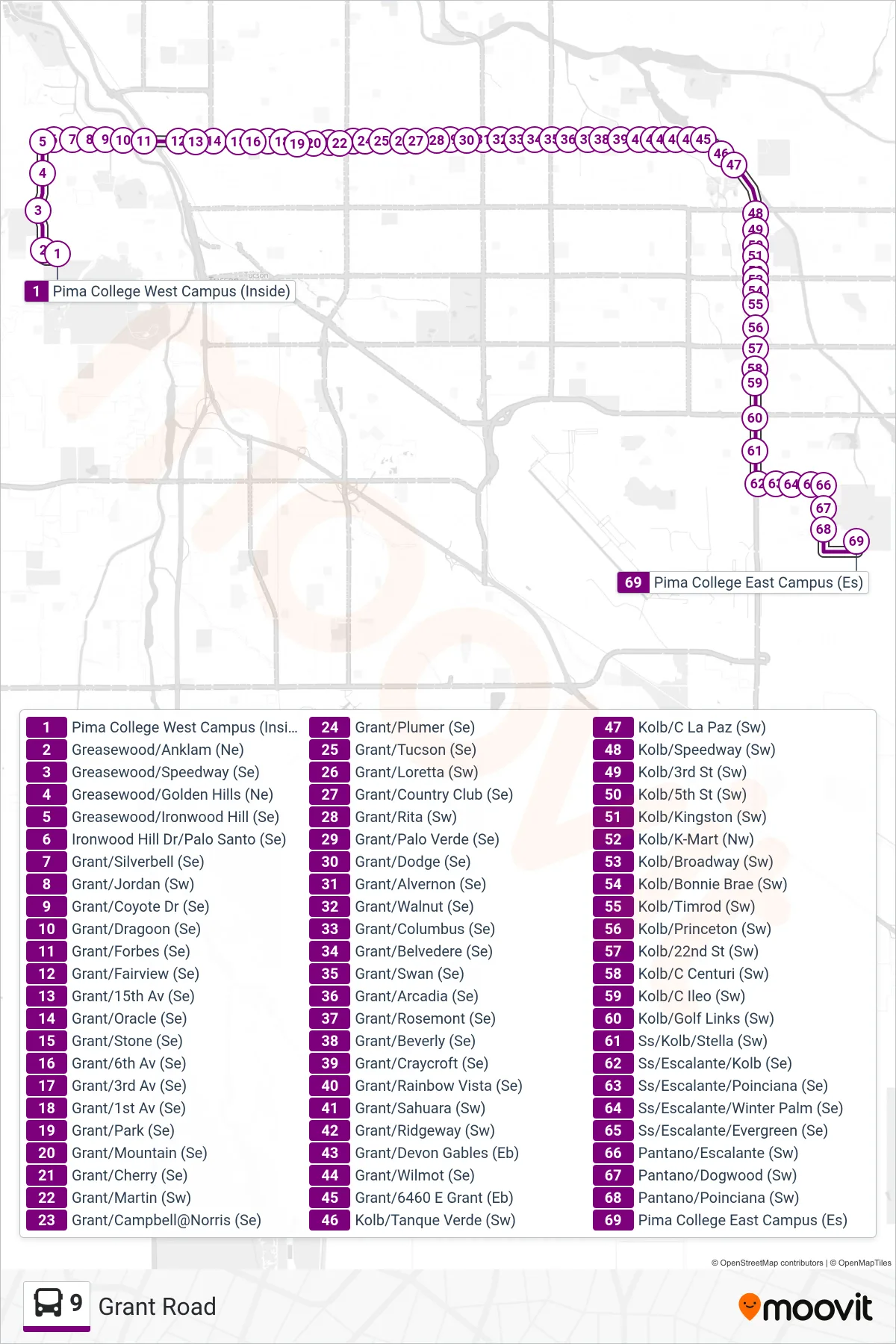 9 bus Line (9 Pcc East) route and stops on a map