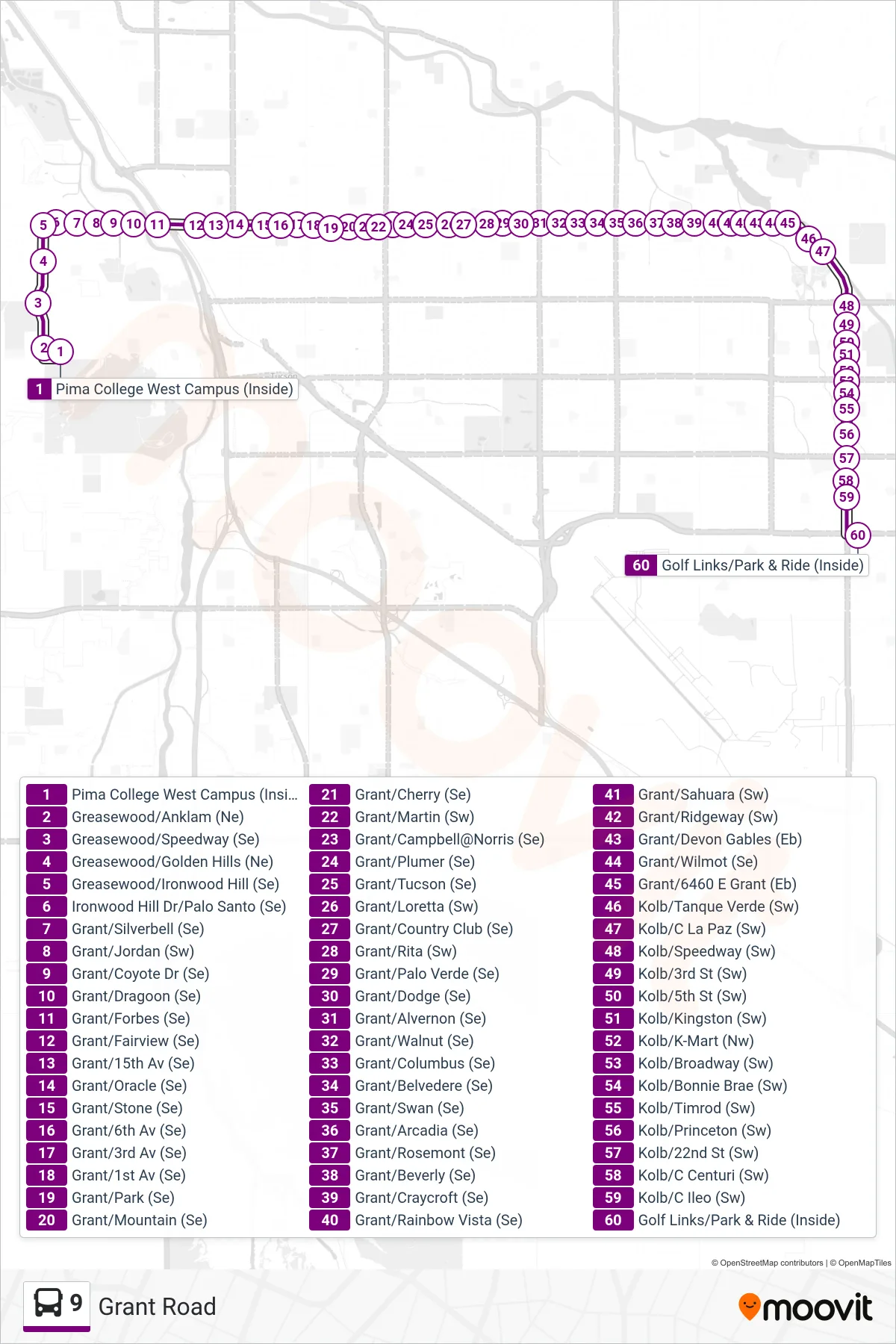 9 bus Line (9  Golf Links P & R) route and stops on a map