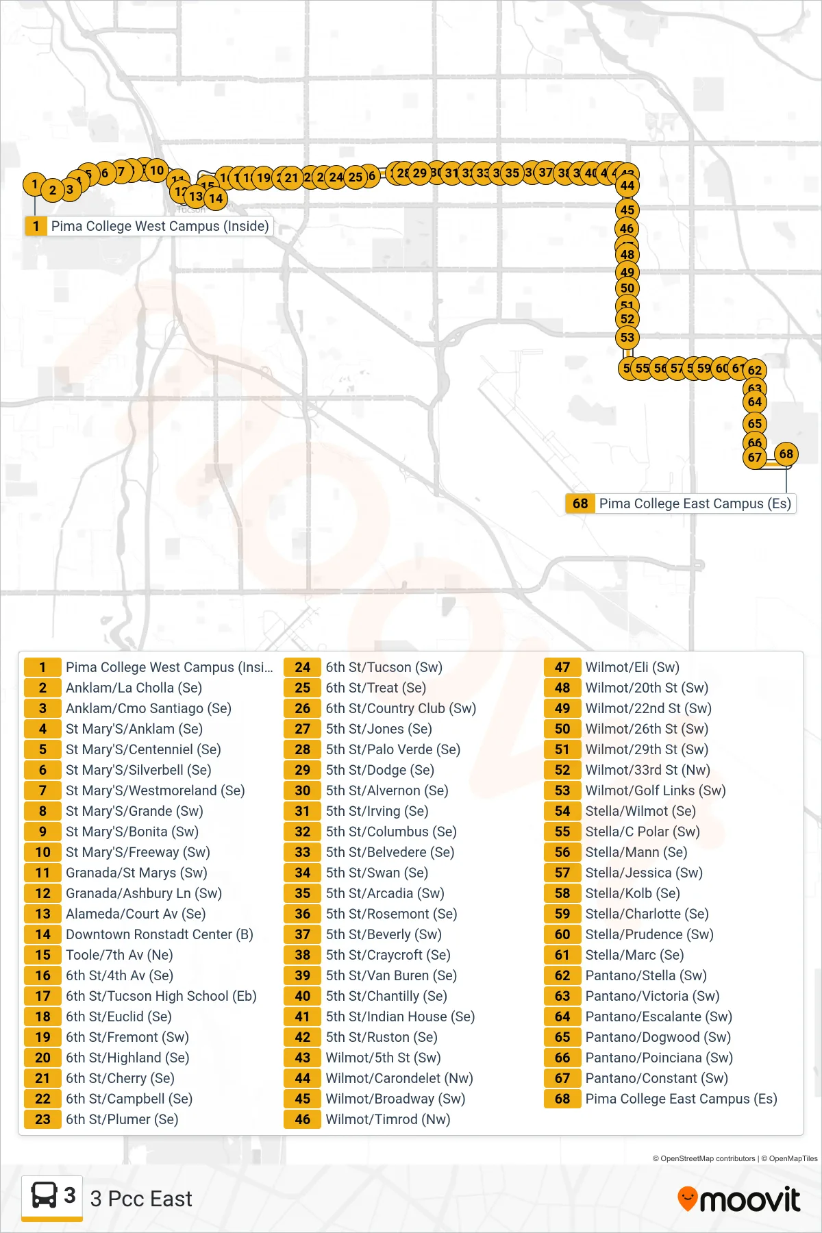 3 bus Line (3  Pcc East) route and stops on a map