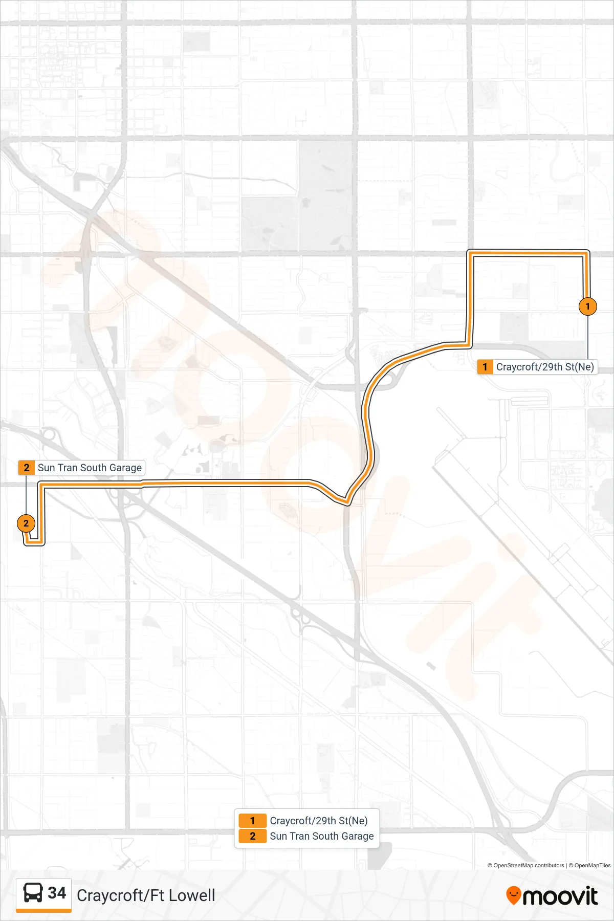 34 bus Line (Sun Tran South Garage) route and stops on a map