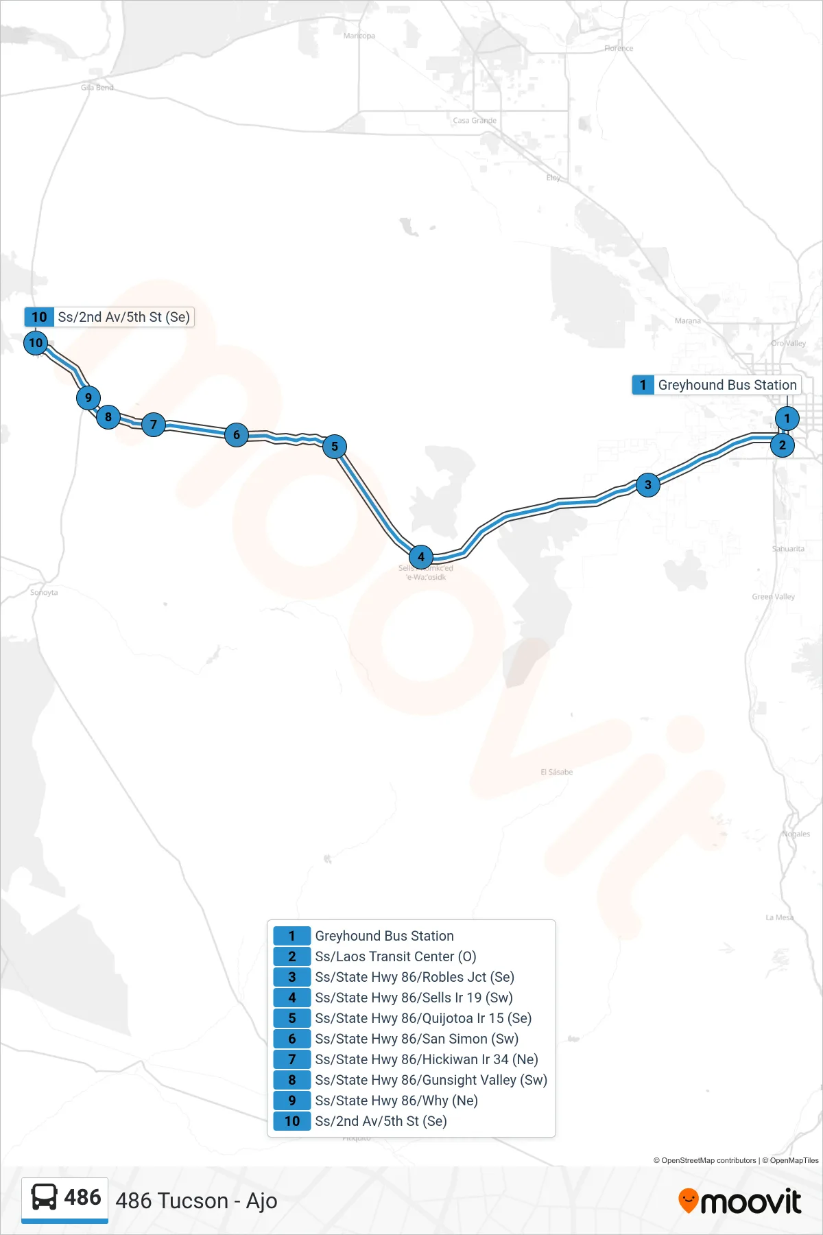 486 bus Line (486 Tucson - Ajo) route and stops on a map
