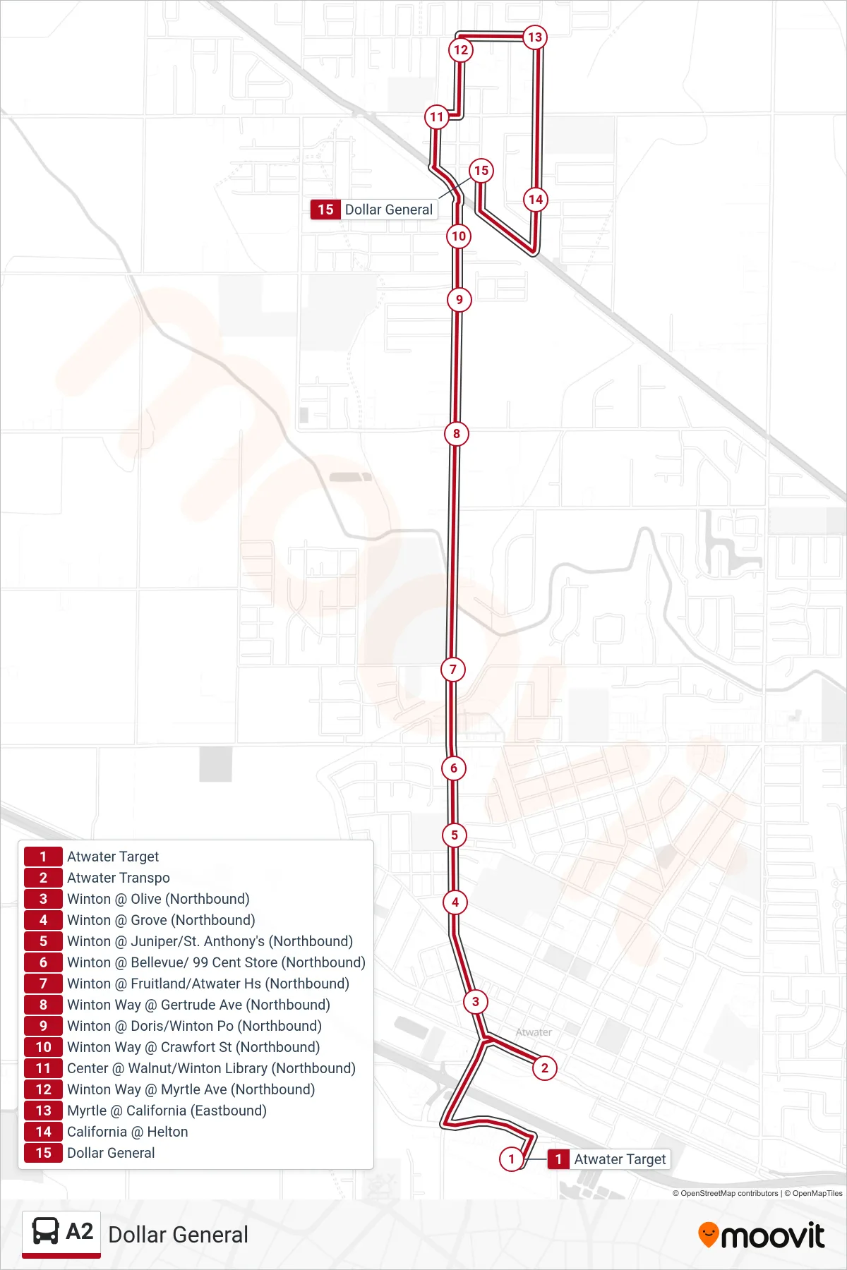 A2 bus Line (Dollar General) route and stops on a map
