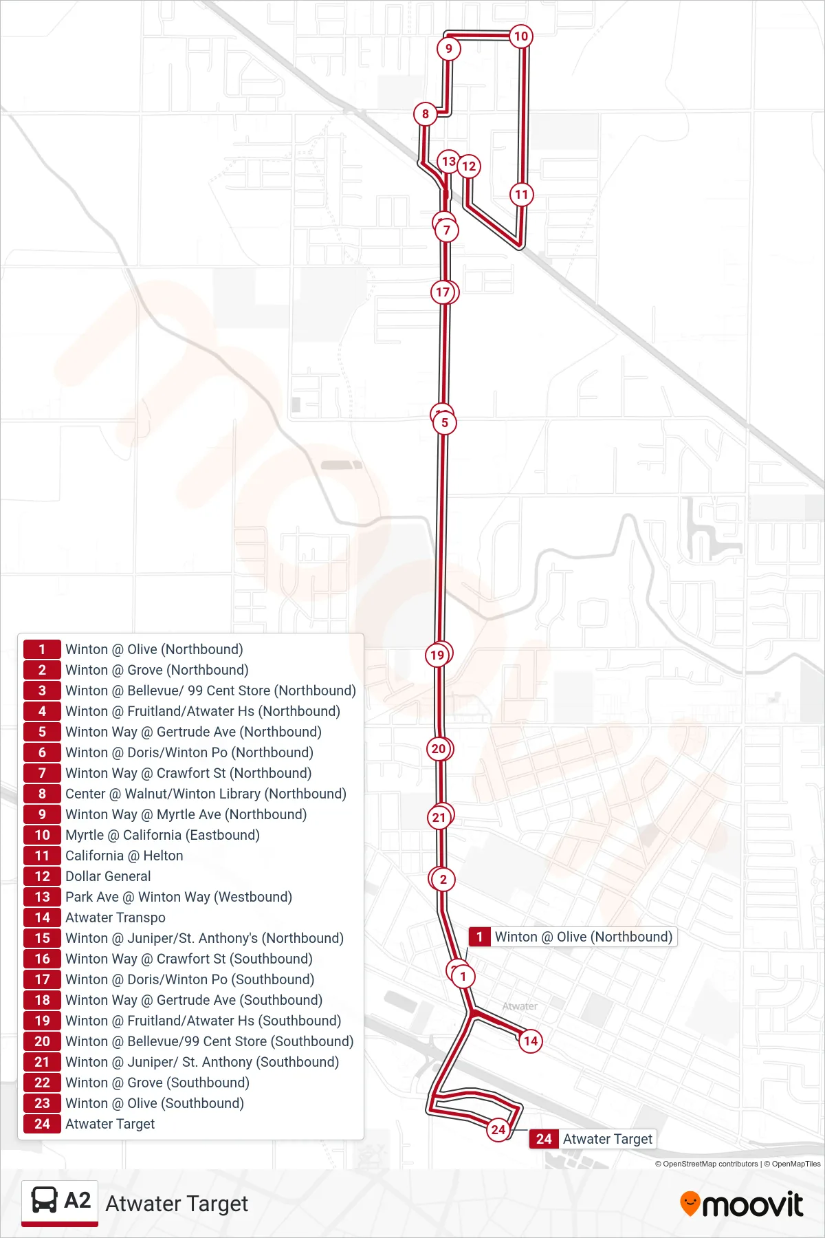 A2 bus Line (Atwater Target) route and stops on a map