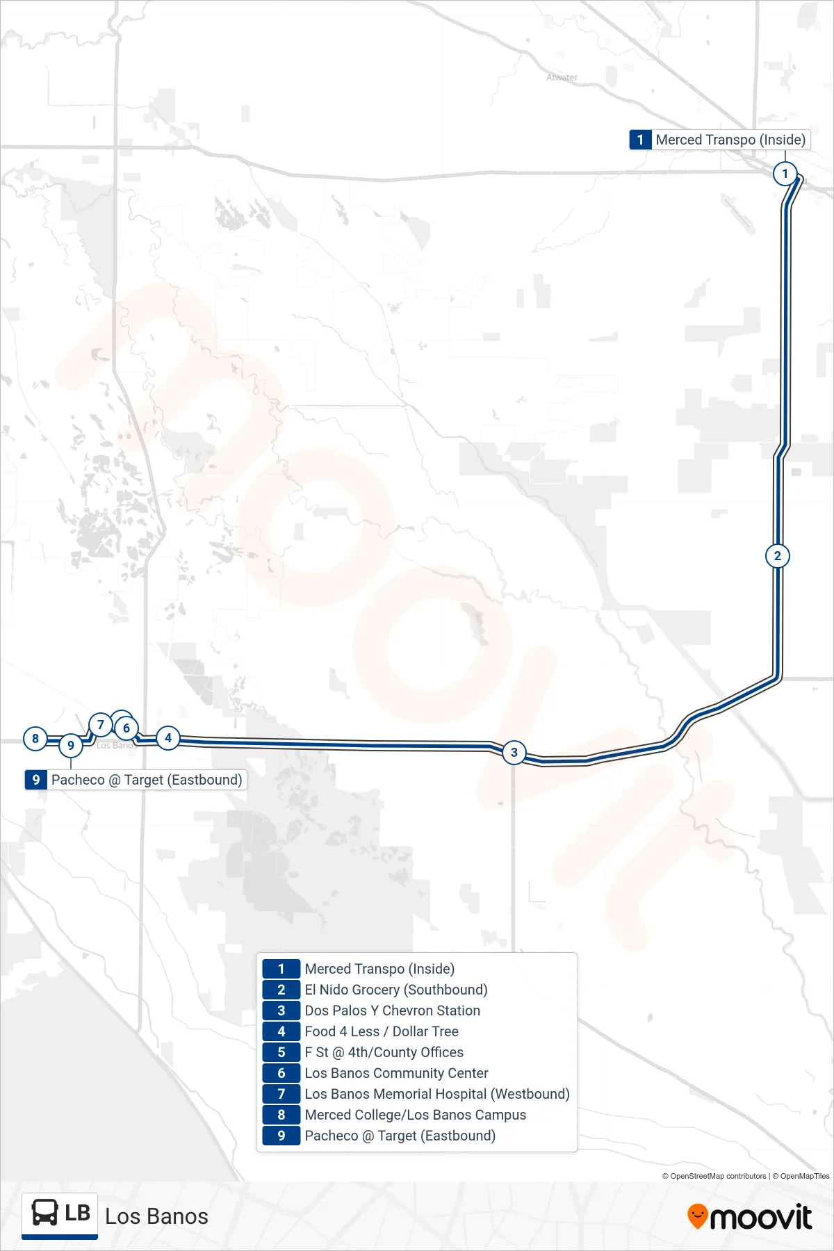 LB bus Line (Los Banos) route and stops on a map