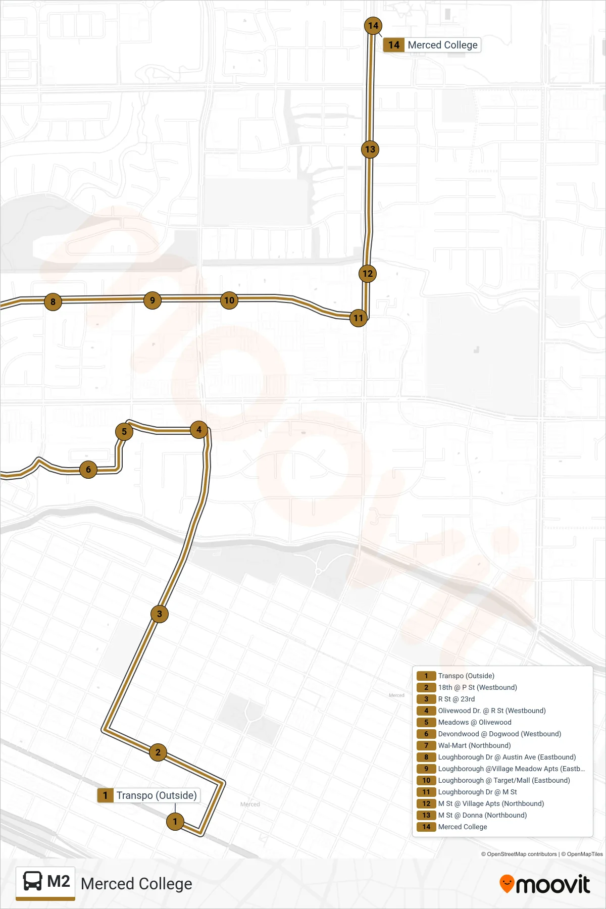 M2 bus Line (Merced College) route and stops on a map