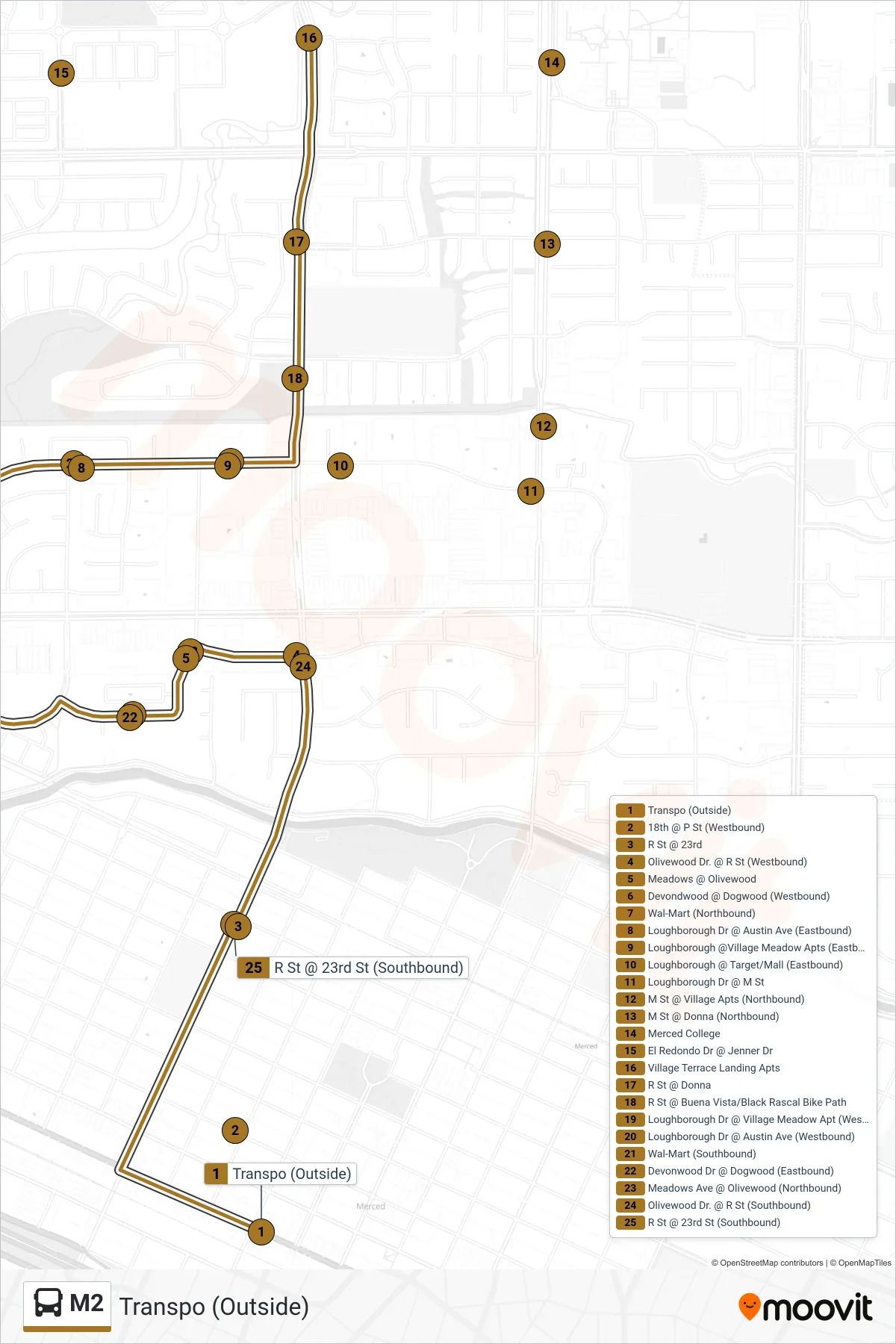 M2 bus Line (Transpo (Outside)) route and stops on a map
