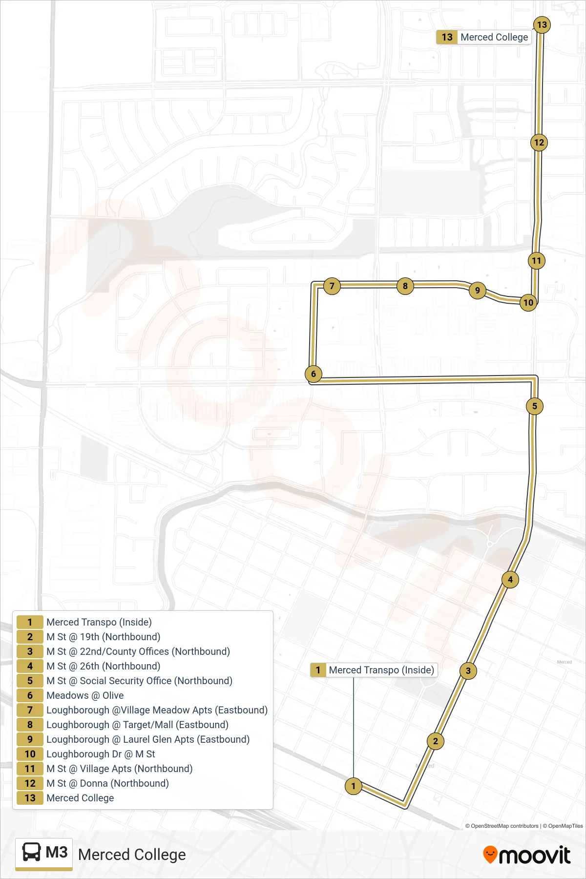 M3 bus Line (Merced College) route and stops on a map