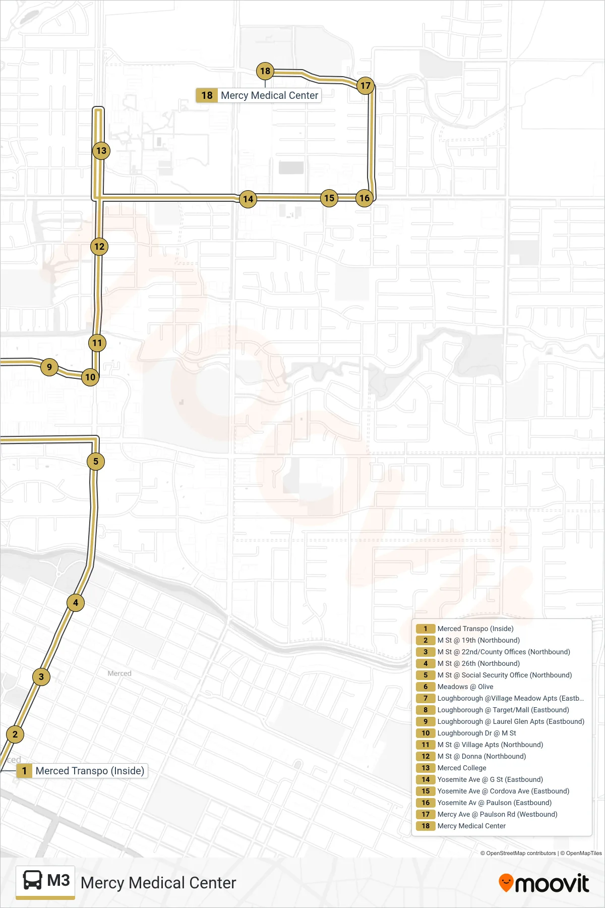 M3 bus Line (Mercy Medical Center) route and stops on a map