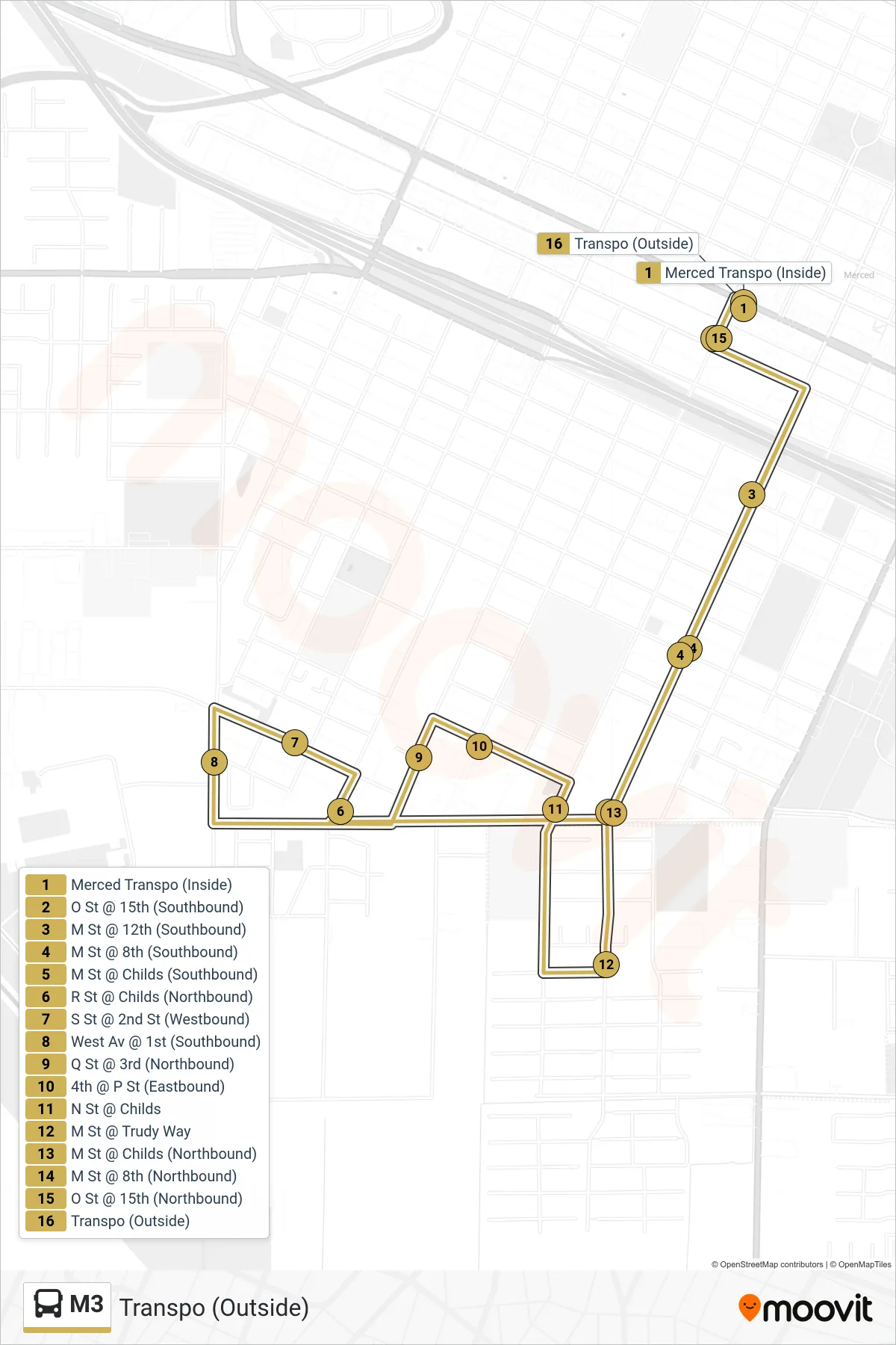 M3 bus Line (Transpo (Outside)) route and stops on a map