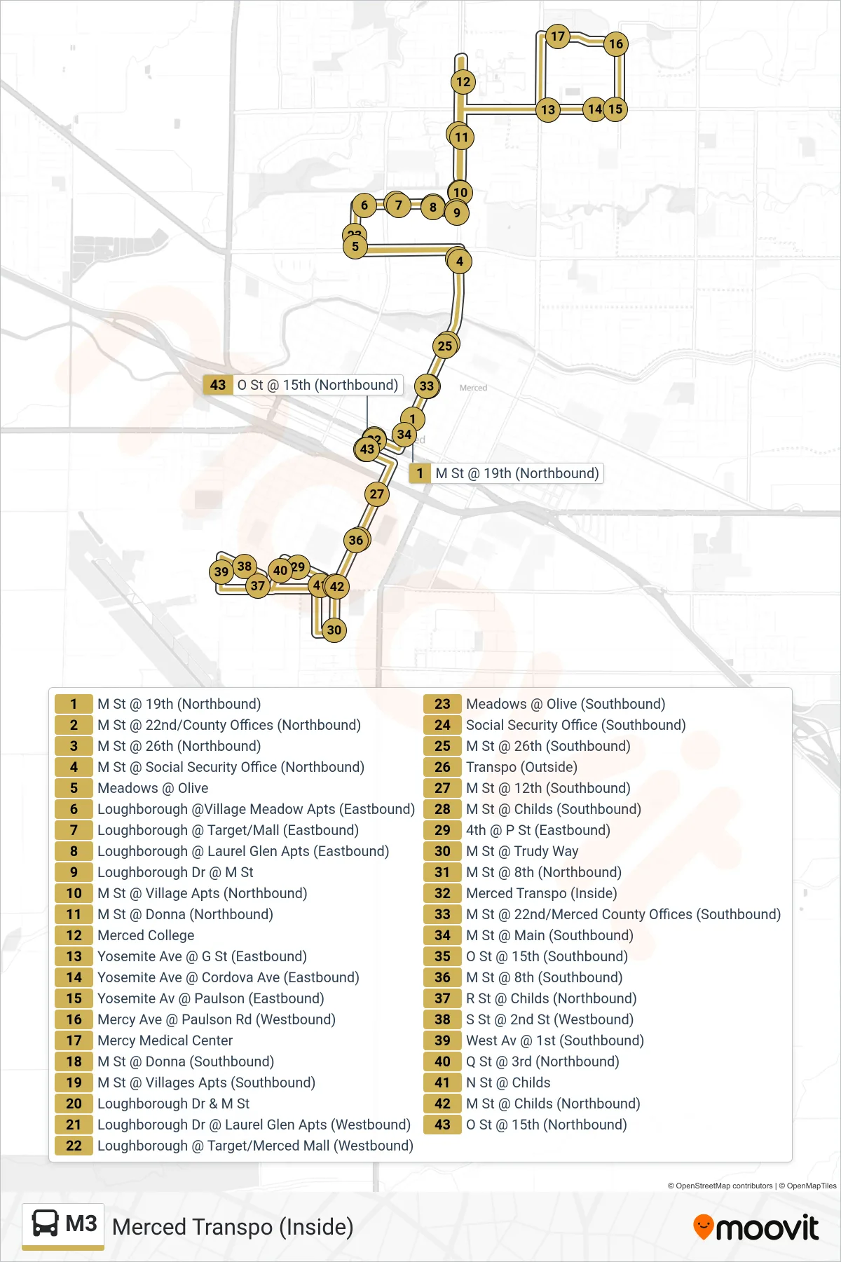 M3 bus Line (Merced Transpo (Inside)) route and stops on a map