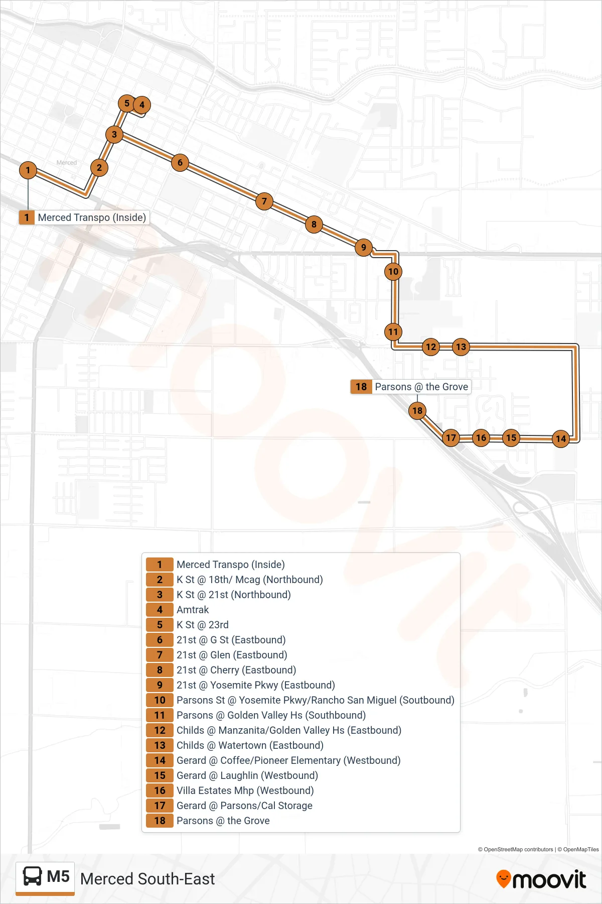 M5 bus Line (Parsons @ the Grove) route and stops on a map