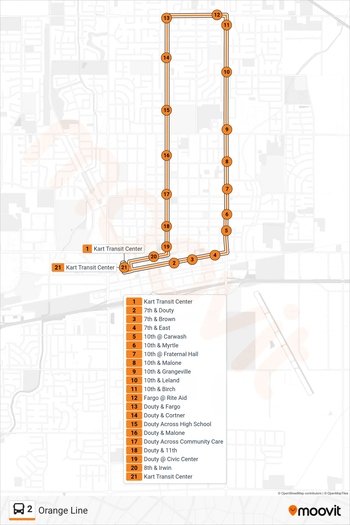 2 bus Line (Orange Line) route and stops on a map