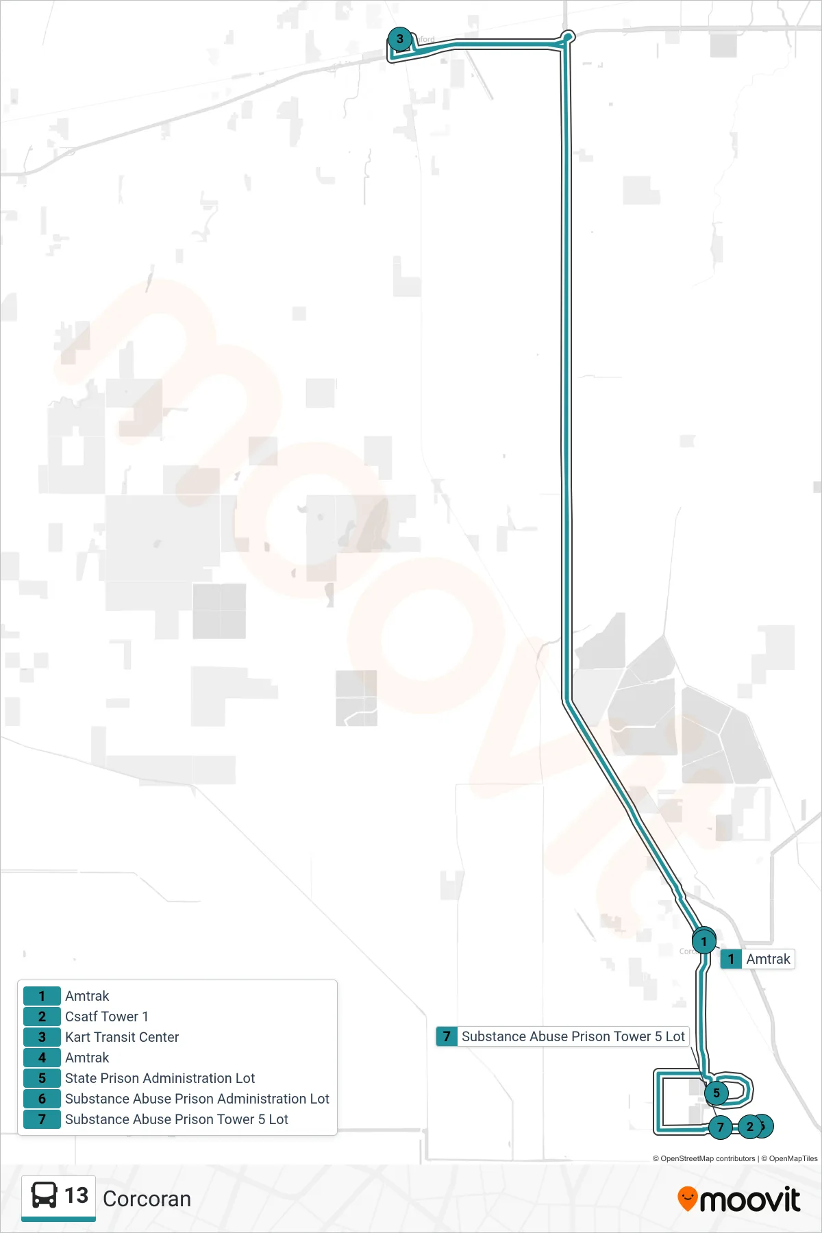 13 bus Line (Corcoran) route and stops on a map