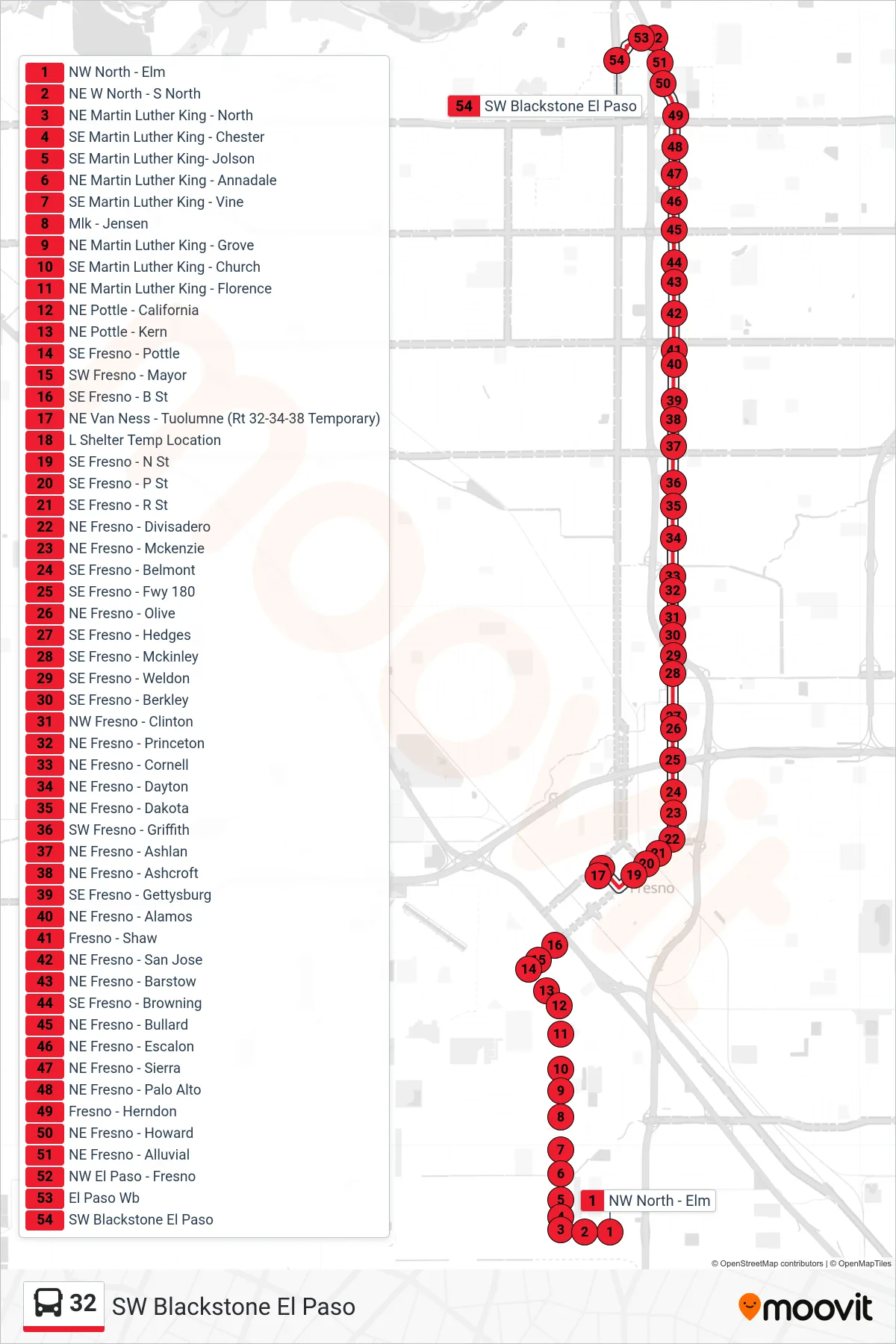 32 bus Line (SW Blackstone El Paso) route and stops on a map