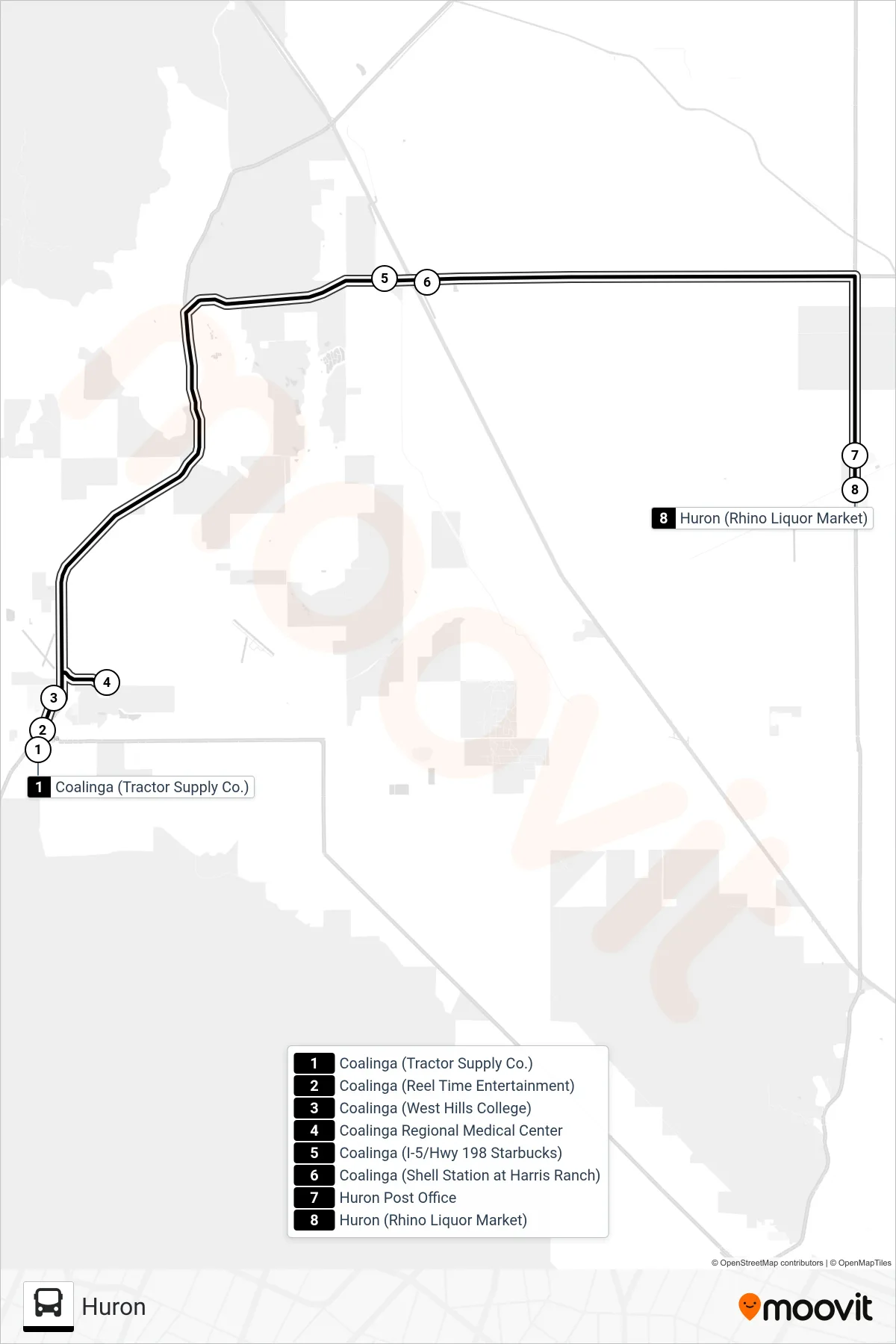 HURON TRANSIT bus Line (Huron) route and stops on a map
