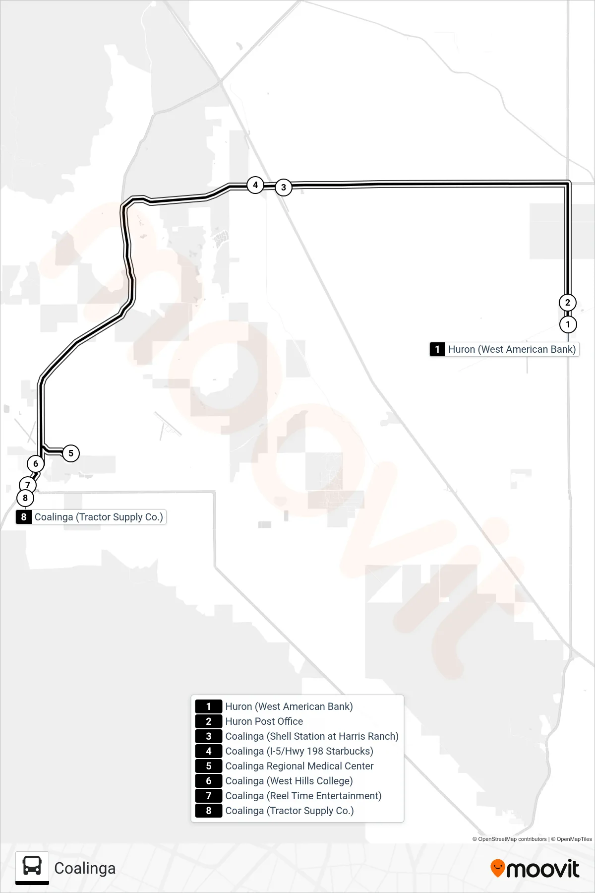 HURON TRANSIT bus Line (Coalinga) route and stops on a map