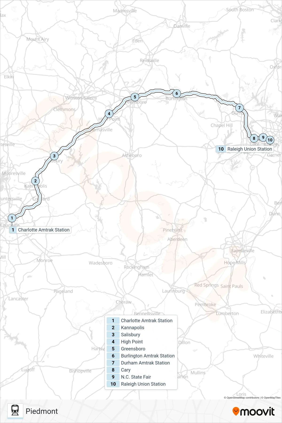 PIEDMONT train Line (Raleigh) route and stops on a map