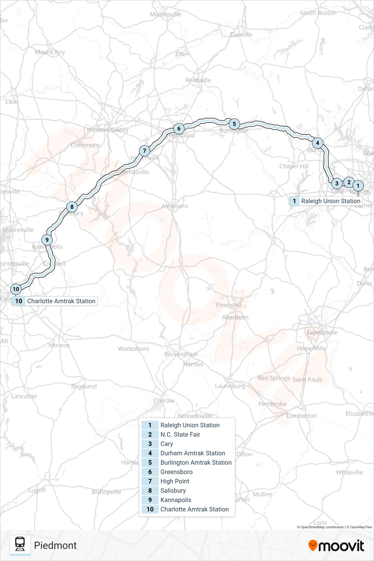 PIEDMONT train Line (Charlotte) route and stops on a map