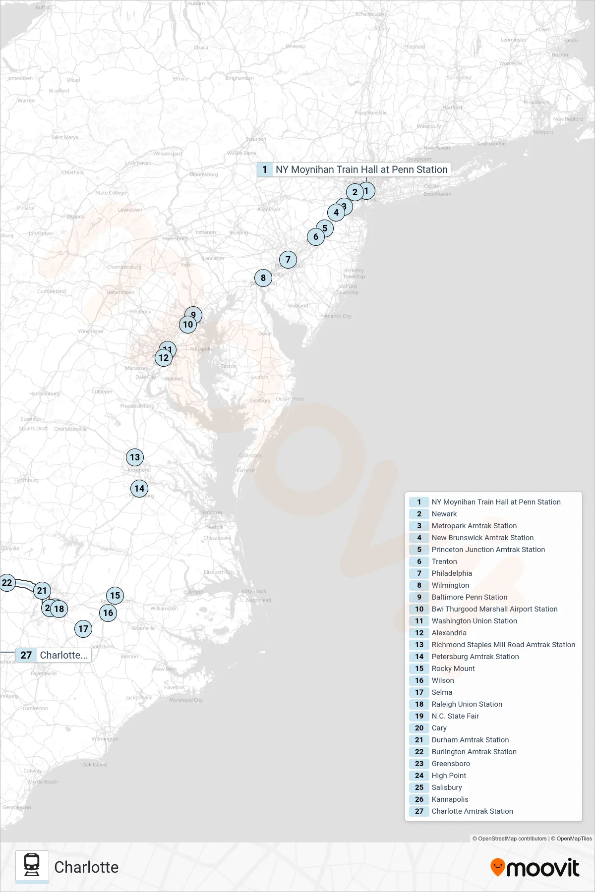 CAROLINIAN rail Line (Charlotte) route and stops on a map