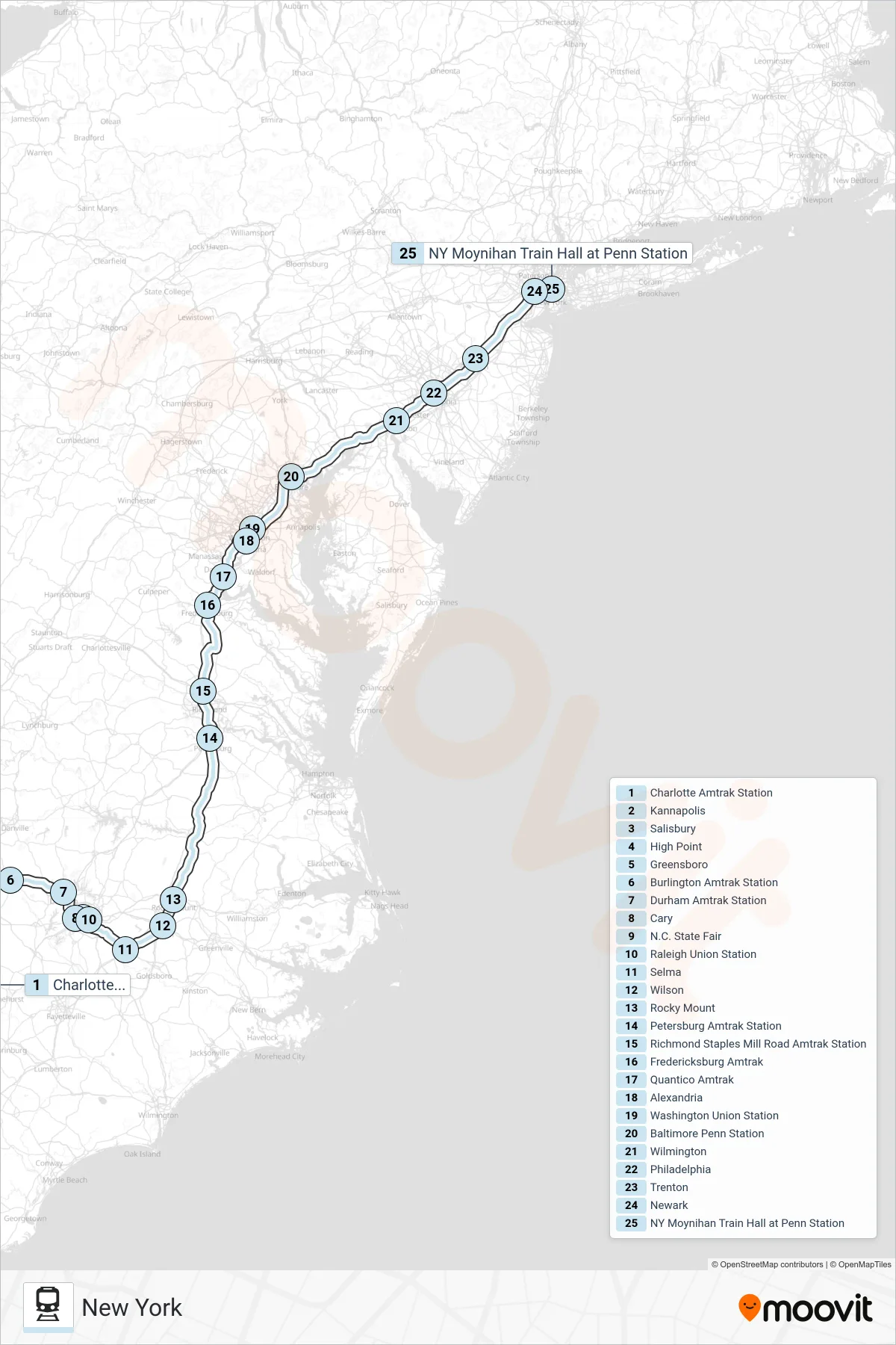 CAROLINIAN rail Line (New York) route and stops on a map