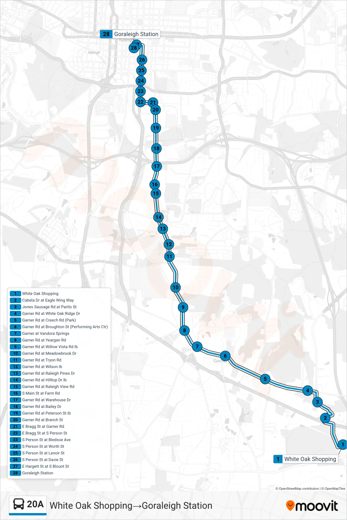 20A bus Line (White Oak Shopping→Goraleigh Station) route and stops on a map