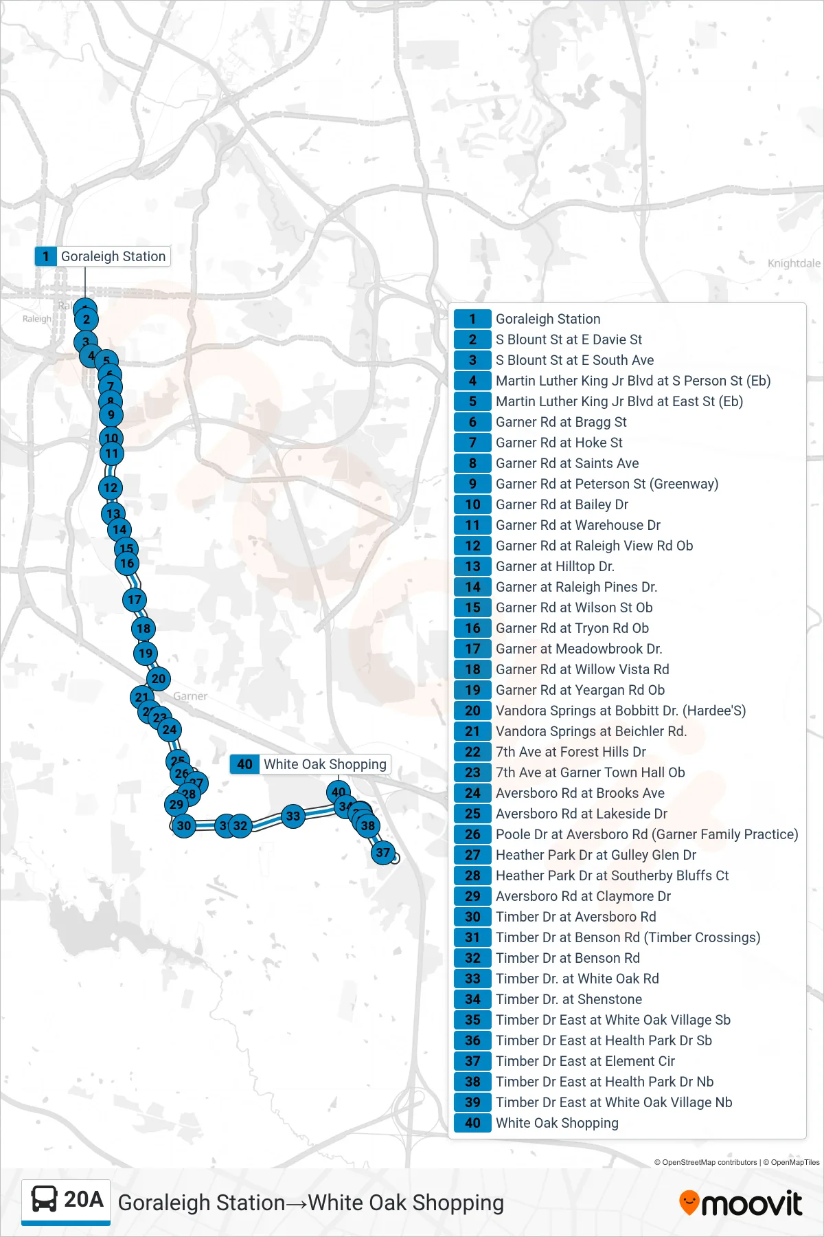 20A bus Line (Goraleigh Station→White Oak Shopping) route and stops on a map
