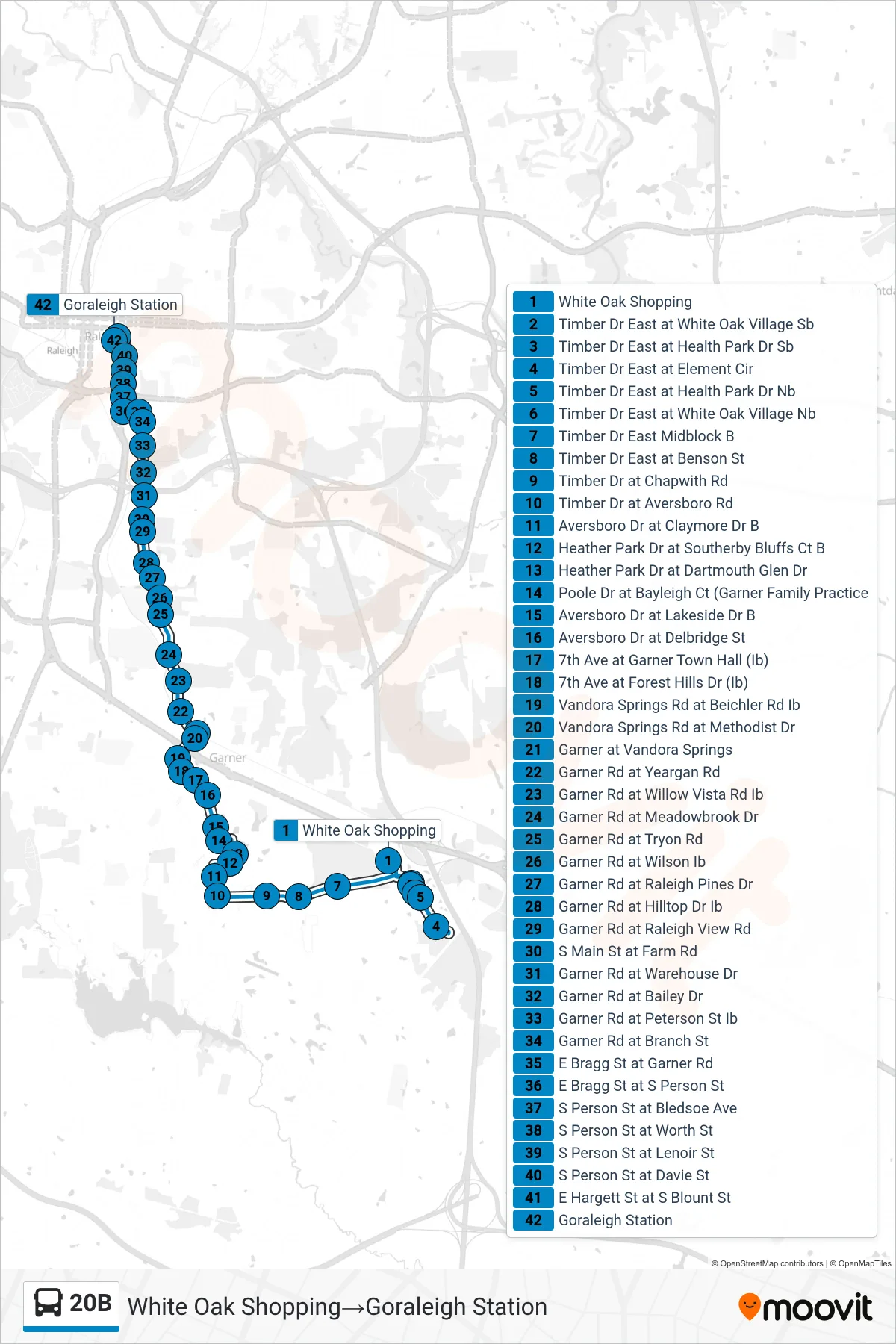20B bus Line (White Oak Shopping→Goraleigh Station) route and stops on a map
