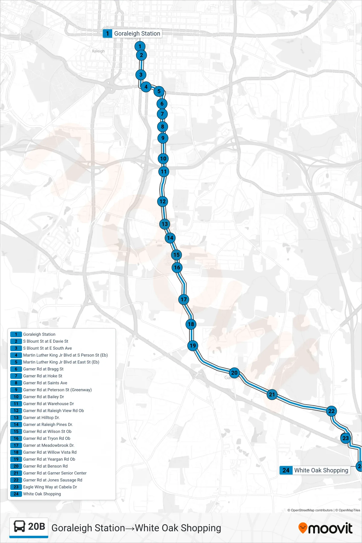 20B bus Line (Goraleigh Station→White Oak Shopping) route and stops on a map
