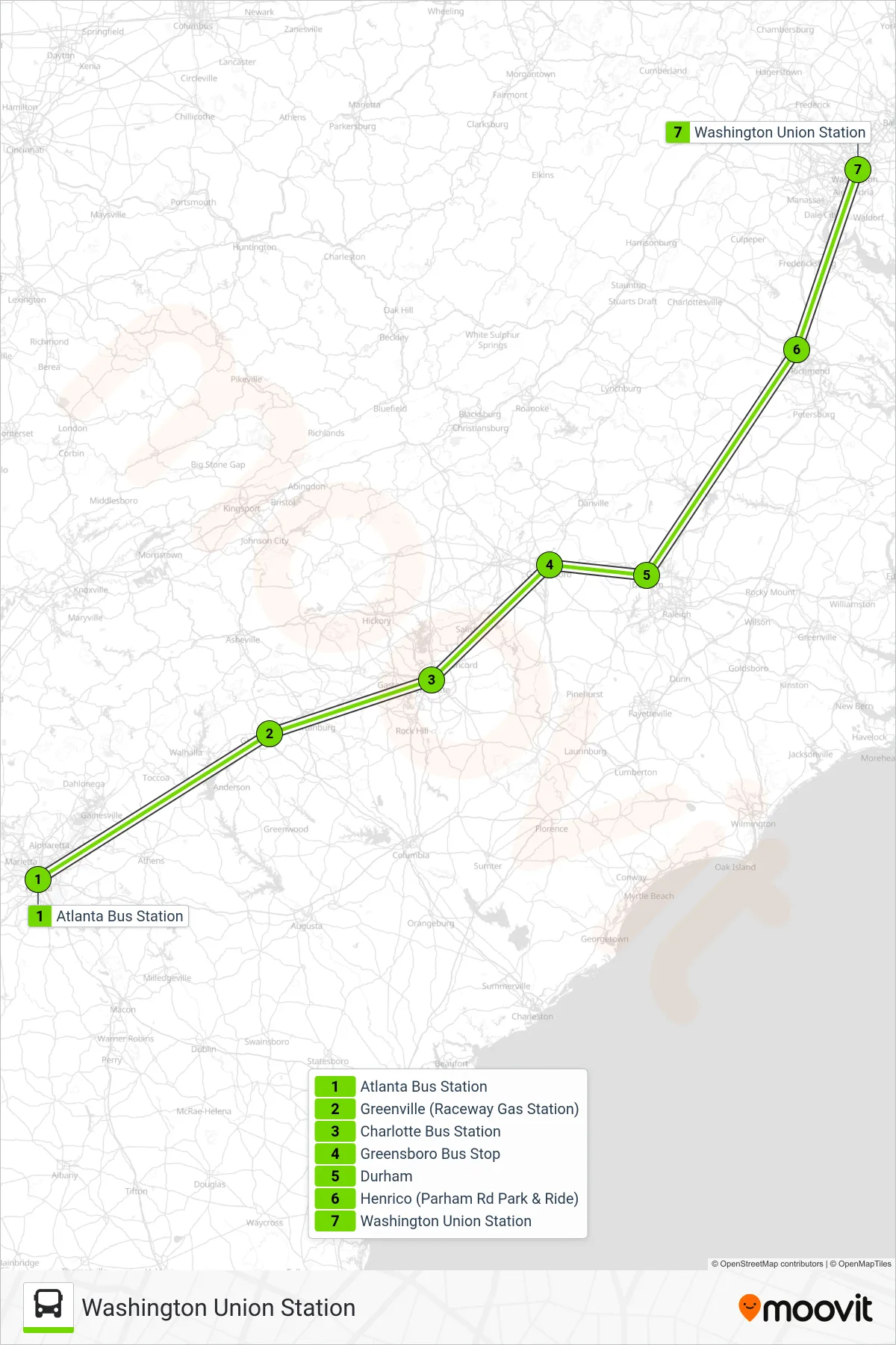 FLIXBUS 2470 bus Line (Washington Union Station) route and stops on a map